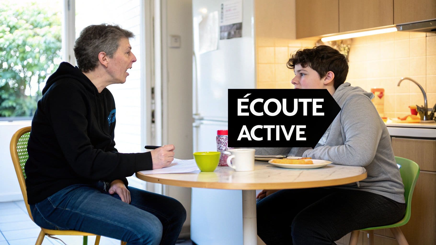 Deux personnes discutant à table dans une cuisine, une adolescente écoutant attentivement un adulte parlant et prenant des notes.