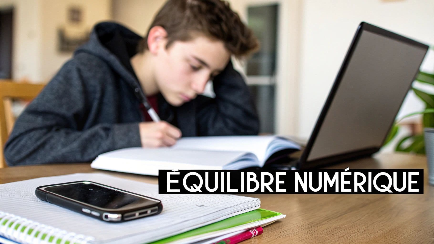 Un adolescent étudie à son bureau, avec ordinateur portable et smartphone, illustrant l'équilibre numérique.
