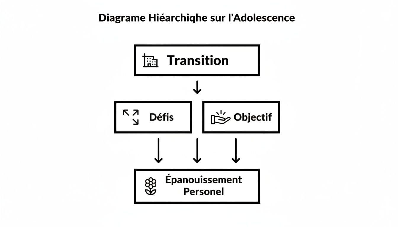 Diagramme hiérarchique illustrant les étapes de l'adolescence : transition, défis, objectifs et épanouissement personnel.