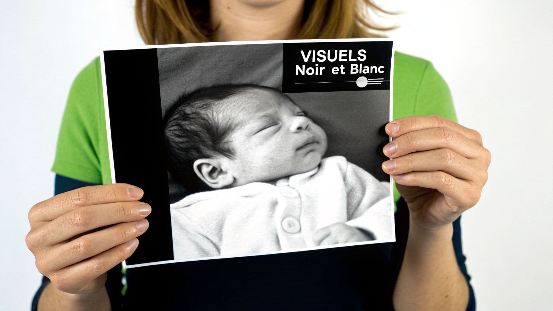 Une personne tient une photo en noir et blanc d'un nouveau-né endormi, avec le texte 'VISUELS Noir et Blanc'.