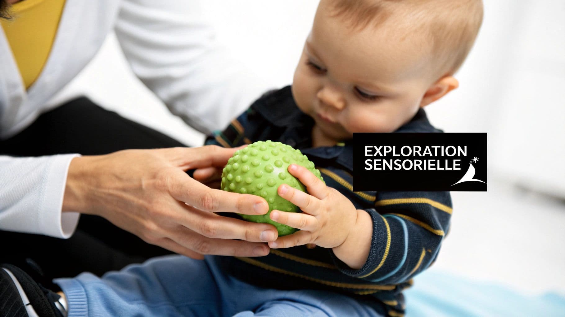 Un adulte aide un bébé à explorer une balle sensorielle texturée verte, favorisant le développement.