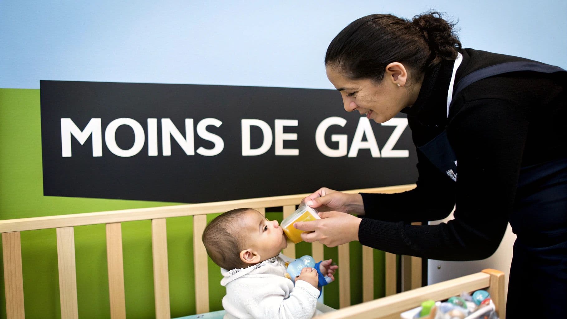 Une femme souriante nourrit un bébé dans un berceau avec une boisson jaune, fond avec un panneau "MOINS DE GAZ".