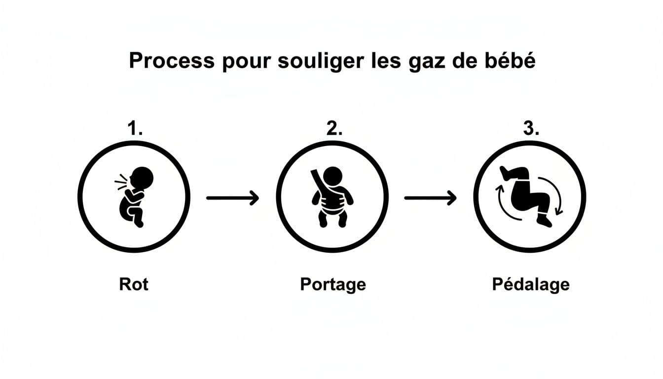Illustration montrant 3 étapes pour soulager les gaz de bébé : rot, portage et pédalage des jambes.