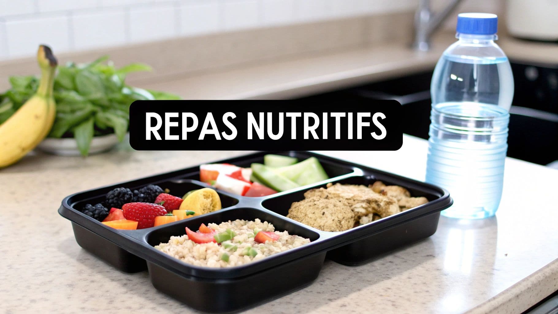 Un contenant noir avec plusieurs repas nutritifs préparés, y compris des fruits, du poulet et des légumes, posé sur un comptoir de cuisine.