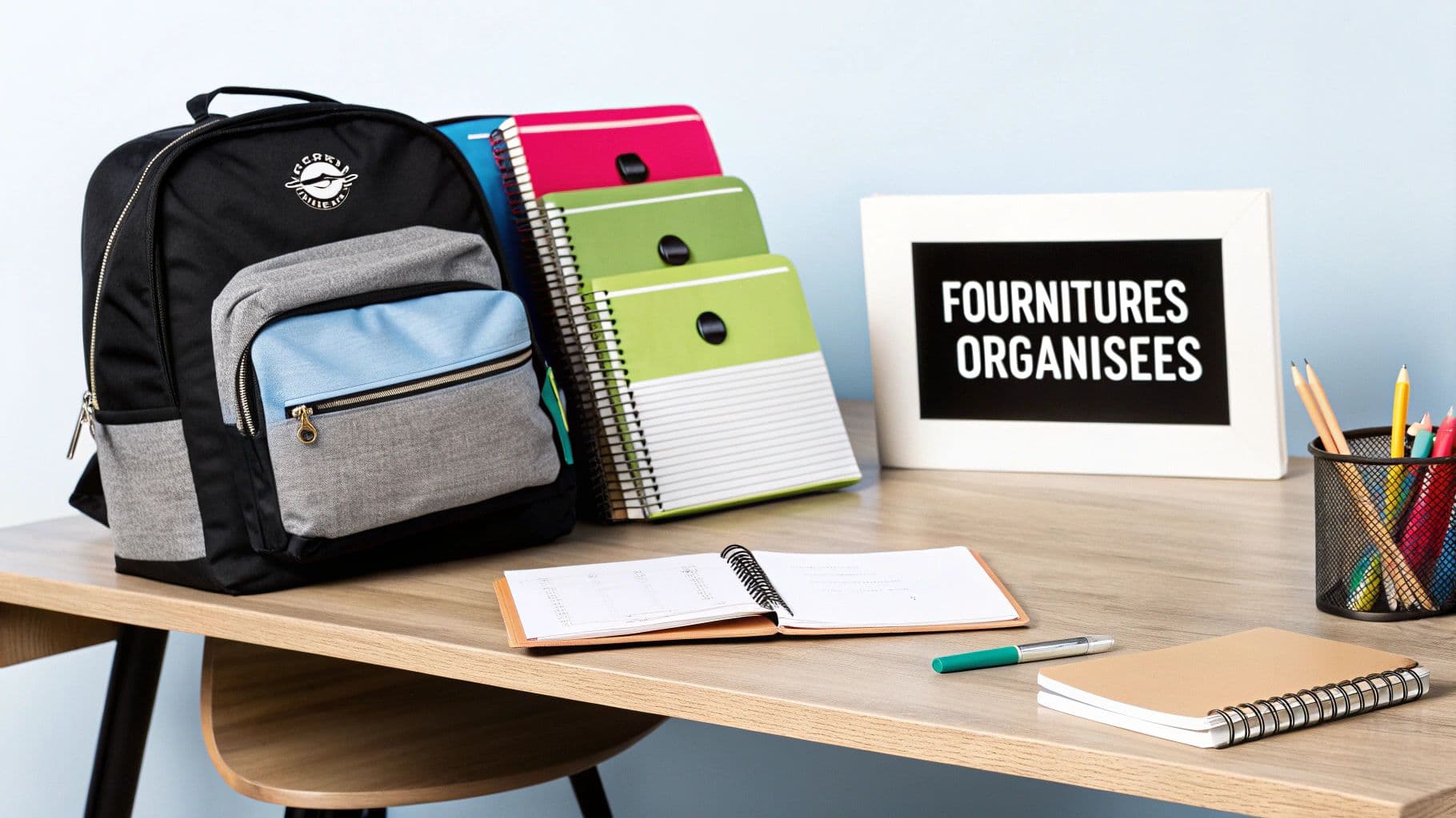 Un bureau organisé avec un sac à dos noir, des cahiers colorés, un agenda, un stylo et des crayons pour la rentrée scolaire.