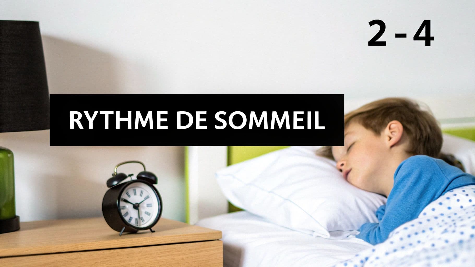 Jeune enfant endormi paisiblement dans son lit, avec un réveil sur la table de chevet, illustrant le rythme de sommeil.