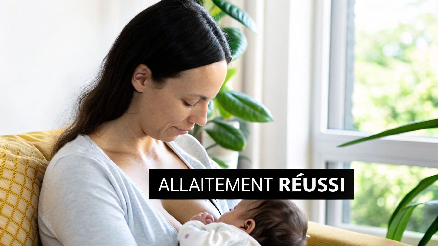 Maman allaite tendrement son nouveau-né, avec l'inscription « ALLAITEMENT RÉUSSI » sur l'image.