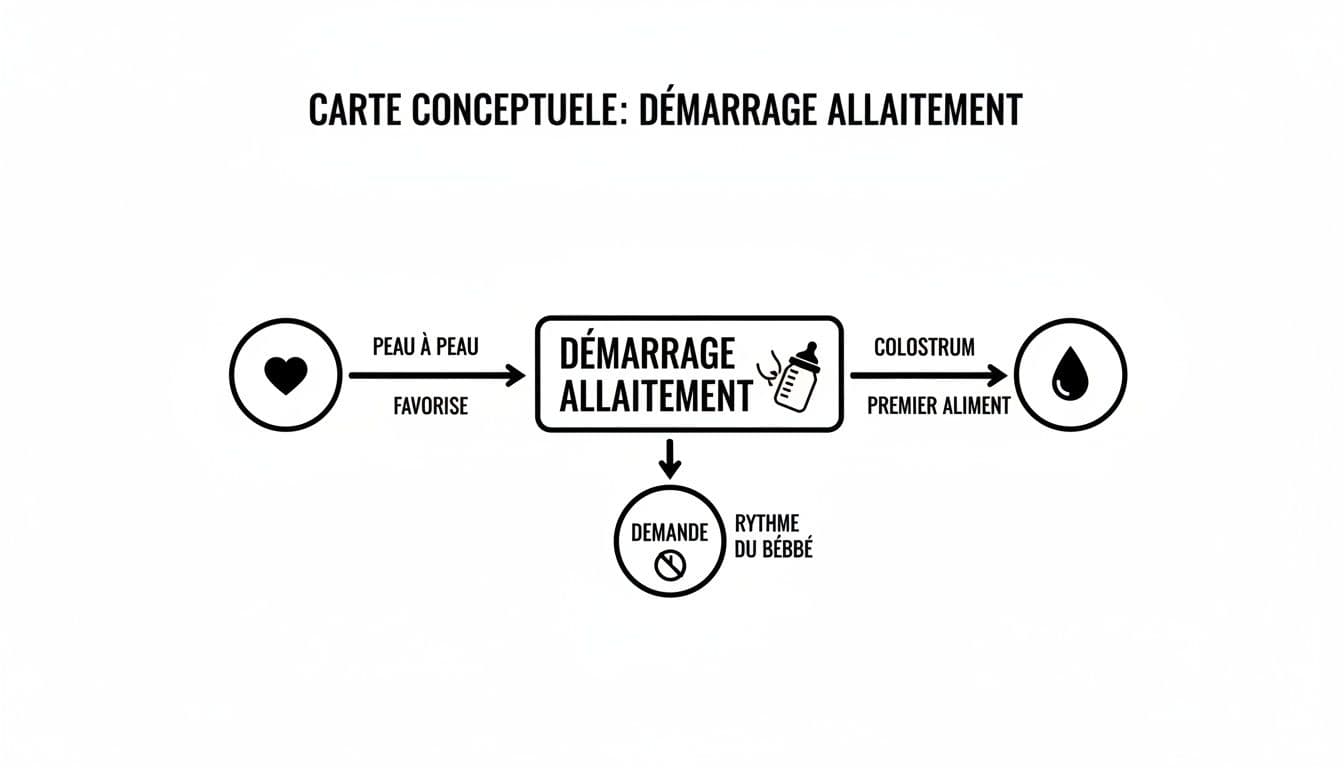 Carte conceptuelle du démarrage de l'allaitement : peau à peau, colostrum et rythme du bébé.