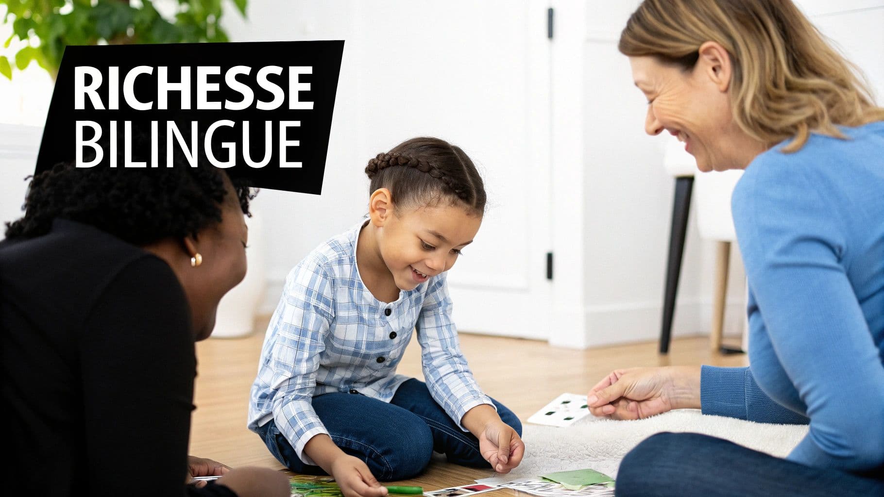 Deux femmes et une jeune fille souriante jouent à un jeu de cartes sur le sol, évoquant la richesse bilingue.