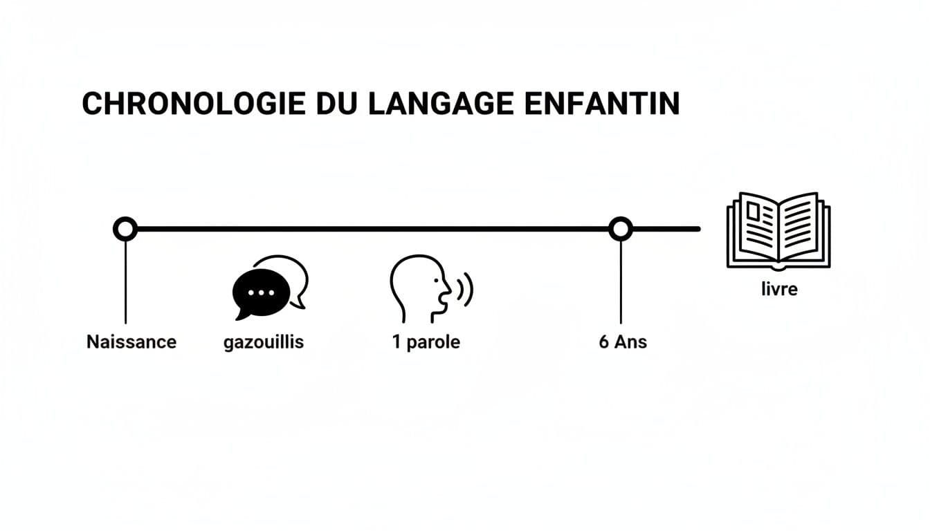 Chronologie du langage infantile, de la naissance à 6 ans, avec des étapes clés comme les gazouillis, le premier mot et la lecture.