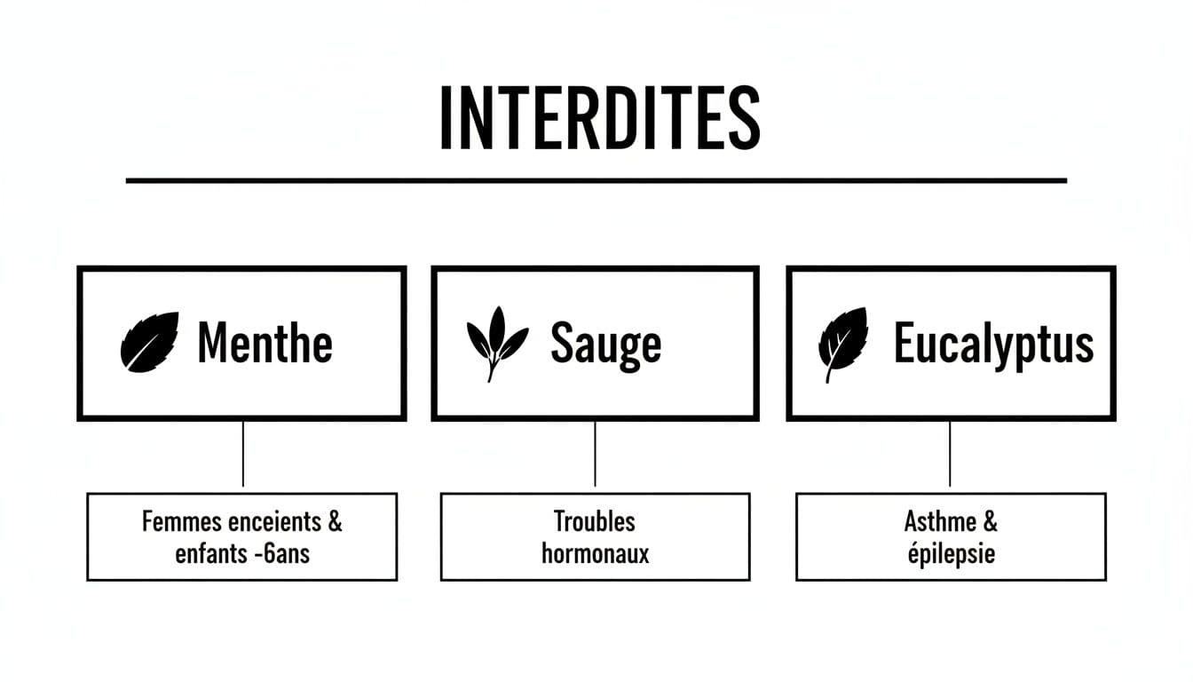 Liste des plantes et huiles essentielles interdites avec leurs contre-indications spécifiques pour la santé.