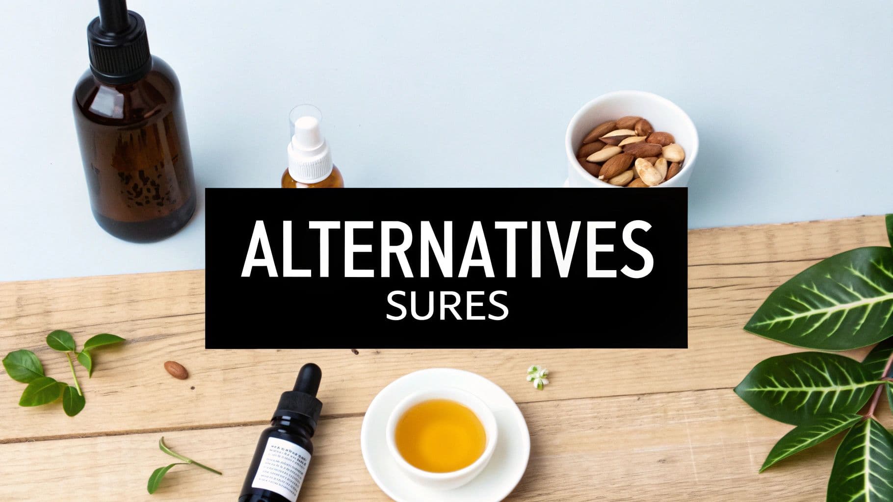 Divers produits naturels et plantes sur une table en bois et bleue, avec le texte "ALTERNATIVES SURES".