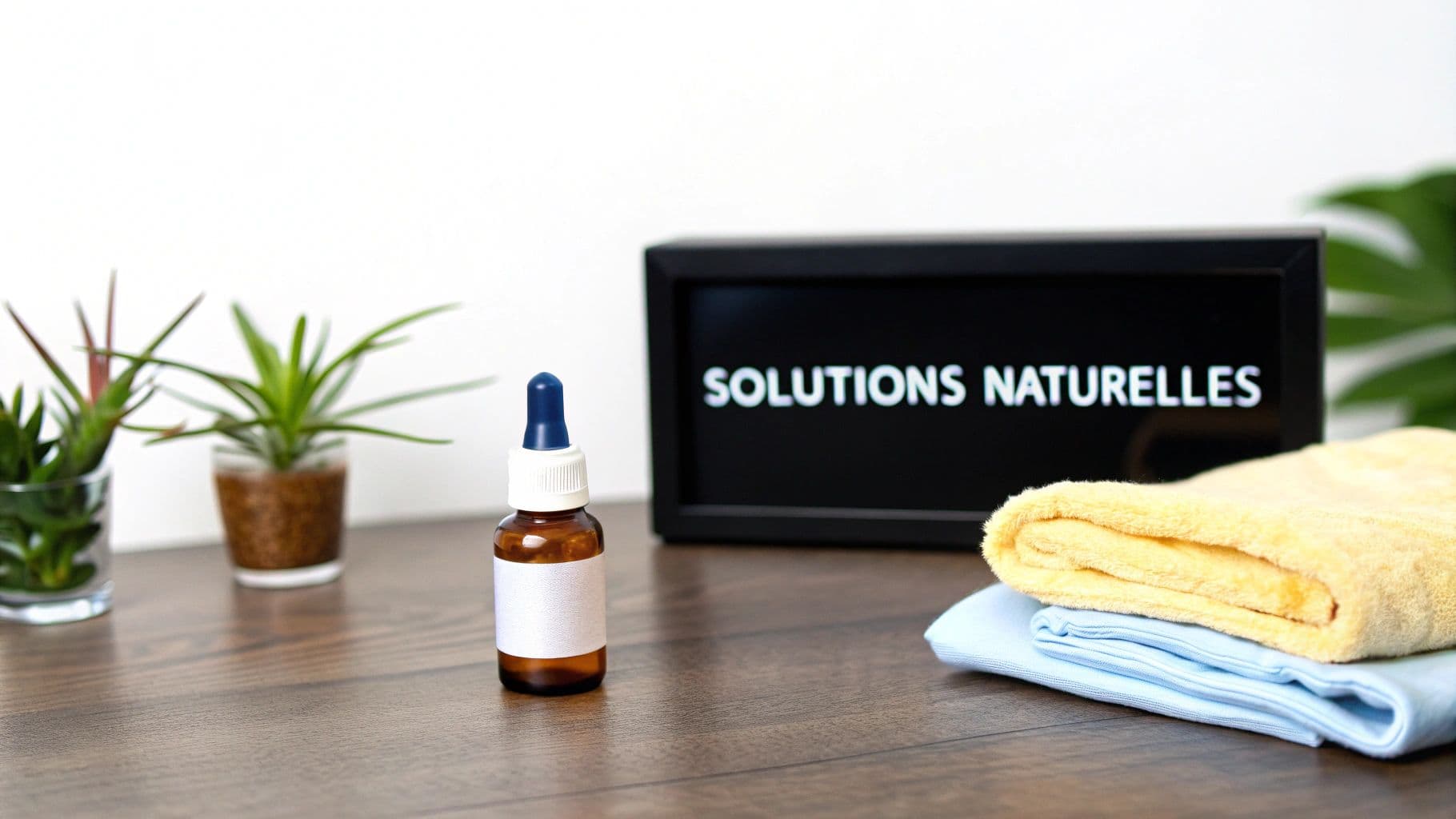 Flacon compte-gouttes marron, serviettes douces et plantes vertes sur une table en bois avec un panneau "SOLUTIONS NATURELLES".
