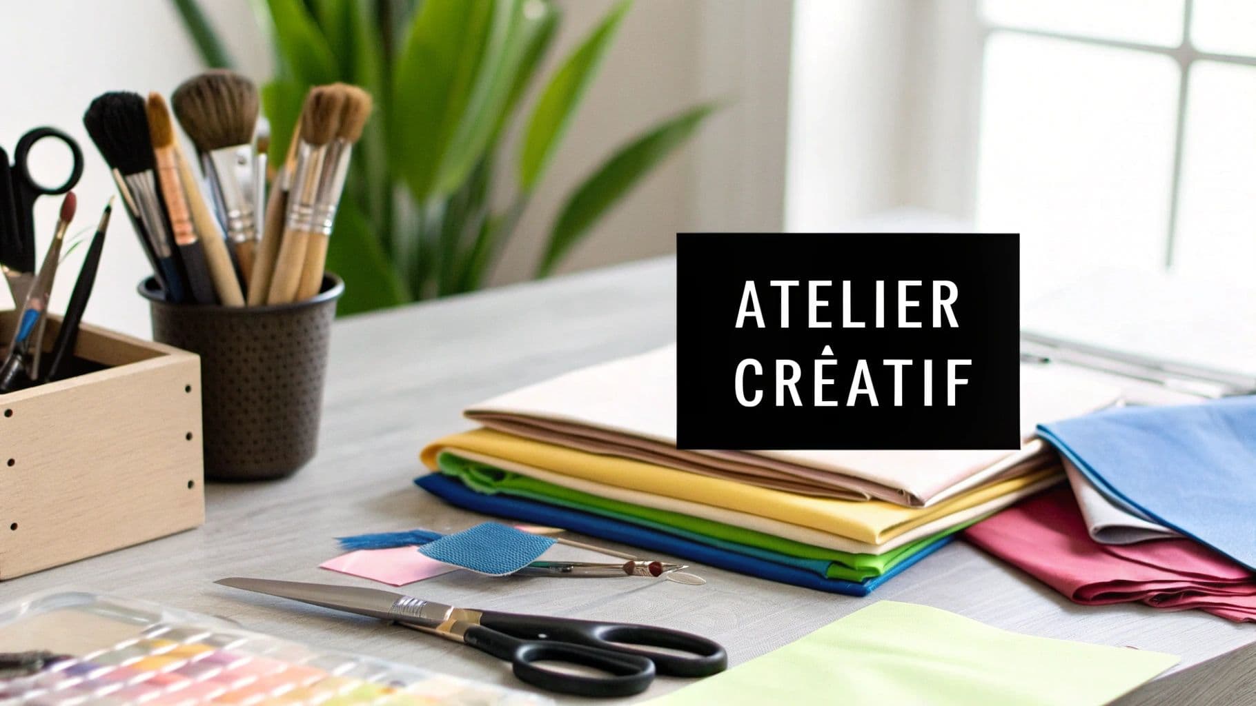 Une table remplie de matériel d'artisanat : pinceaux, ciseaux, tissus colorés et palette, parfait pour un atelier créatif.