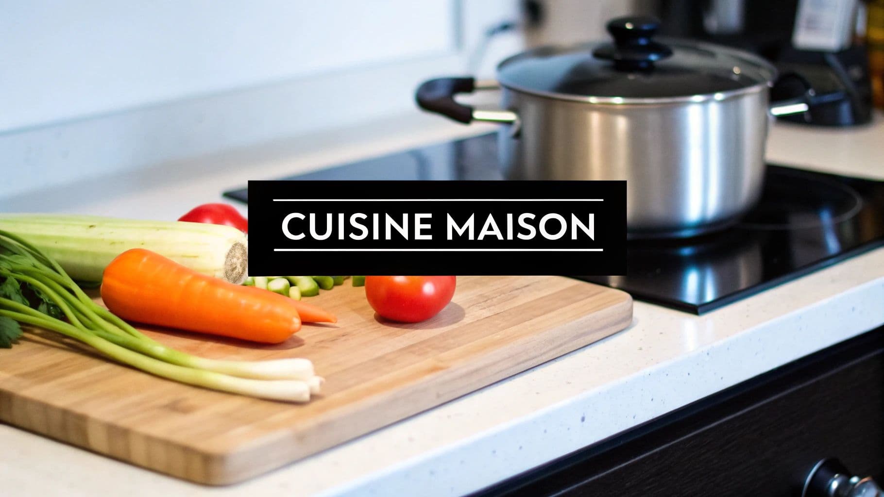 Une planche à découper avec des légumes frais (carottes, céleri, tomates) dans une cuisine moderne avec une casserole sur la plaque de cuisson.