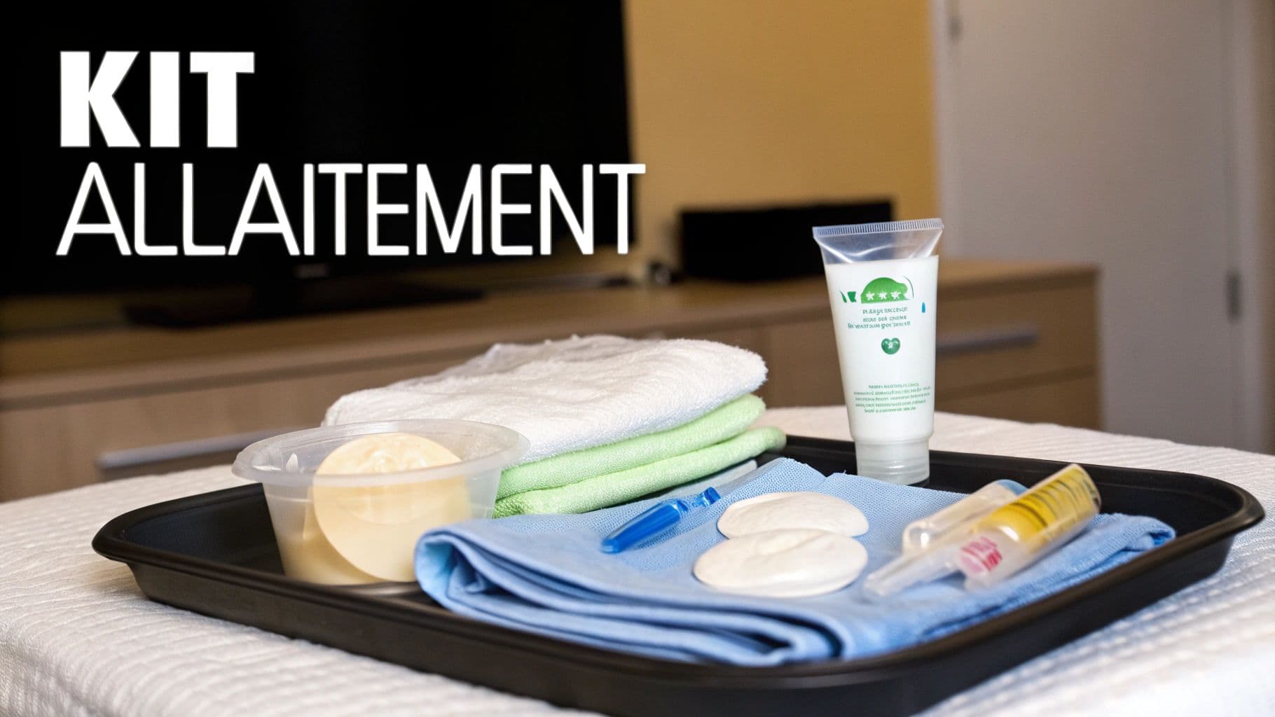 Une trousse de toilette ouverte avec divers produits d'hygiène comme des crèmes, brosses et flacons, disposés sur une surface blanche.