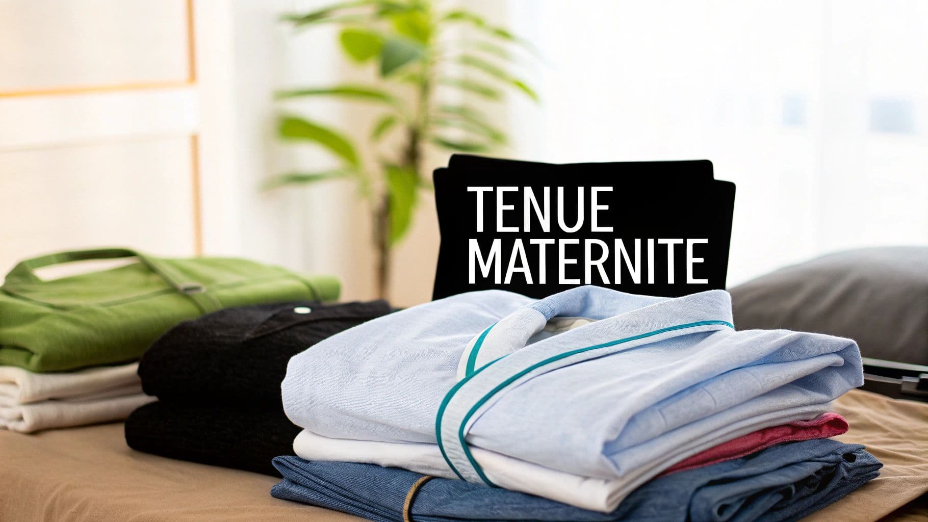 Vêtements de maternité pliés, dont une chemise bleue, sur une table, avec une pancarte "TENUE MATERNITE".
