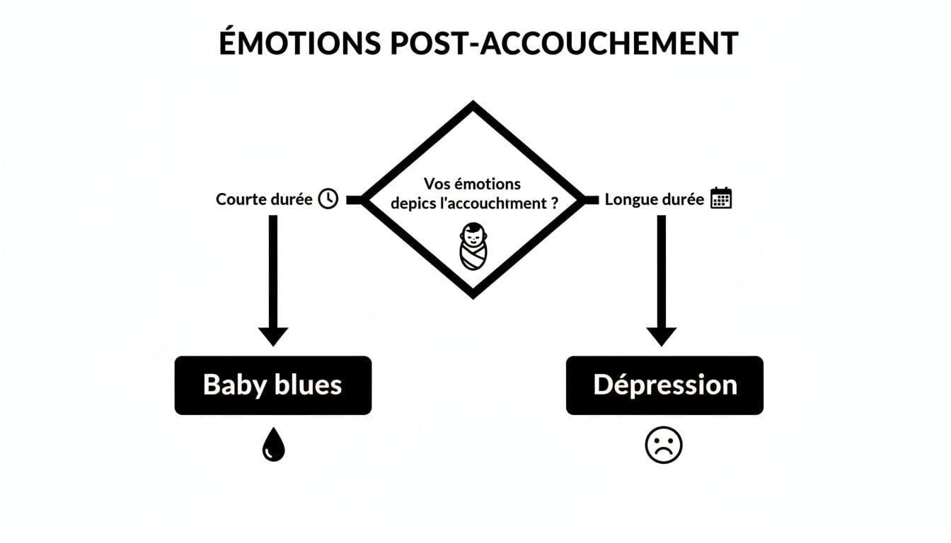 Diagramme expliquant les émotions post-accouchement : baby blues si de courte durée, dépression si de longue durée.