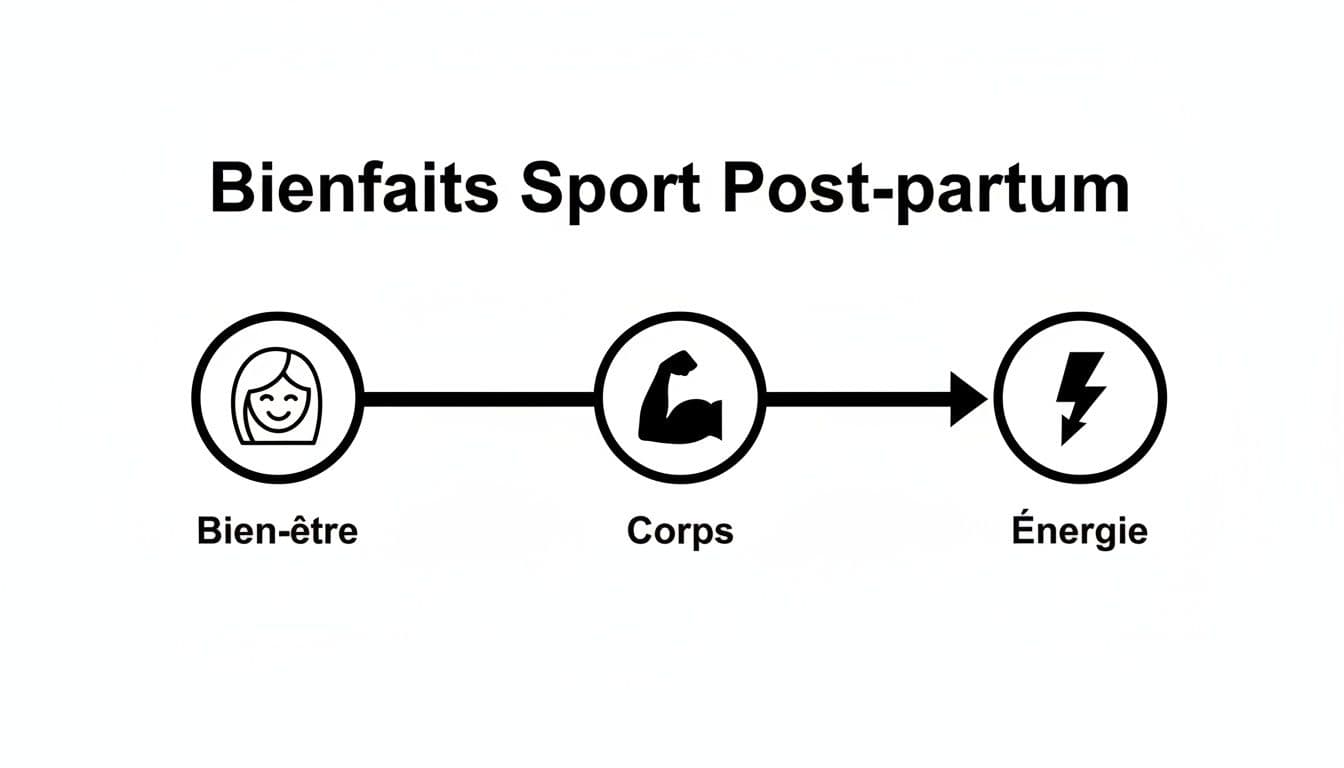 Jeune maman en tenue de sport faisant des exercices de rééducation périnéale et abdominale après accouchement, illustrant les bienfaits du sport post-partum pour le bien-être physique et mental