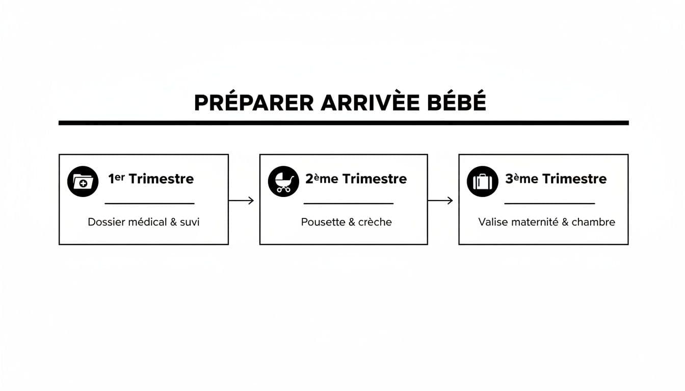 Une chronologie illustrant la préparation à l'arrivée de bébé par trimestre, incluant dossier médical, poussette et valise maternité.