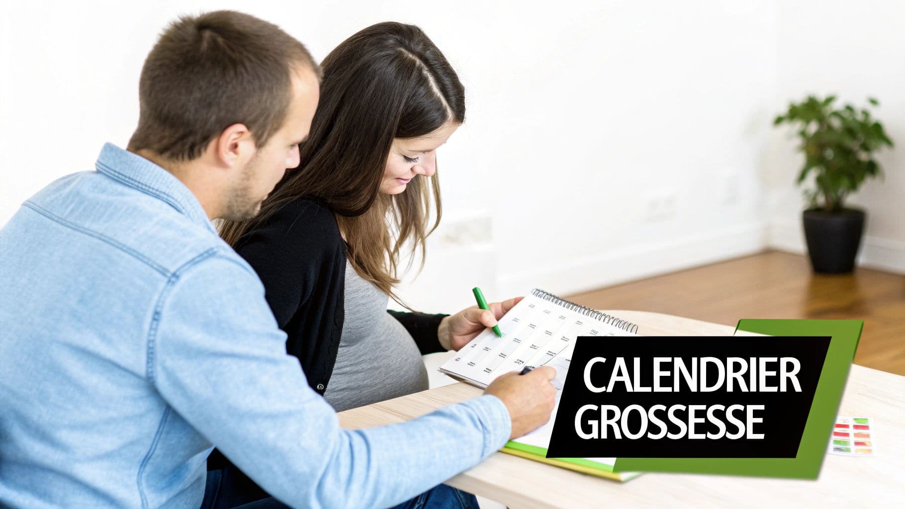 Un couple, une femme enceinte et un homme, planifient l'arrivée de leur bébé en consultant un calendrier de grossesse.