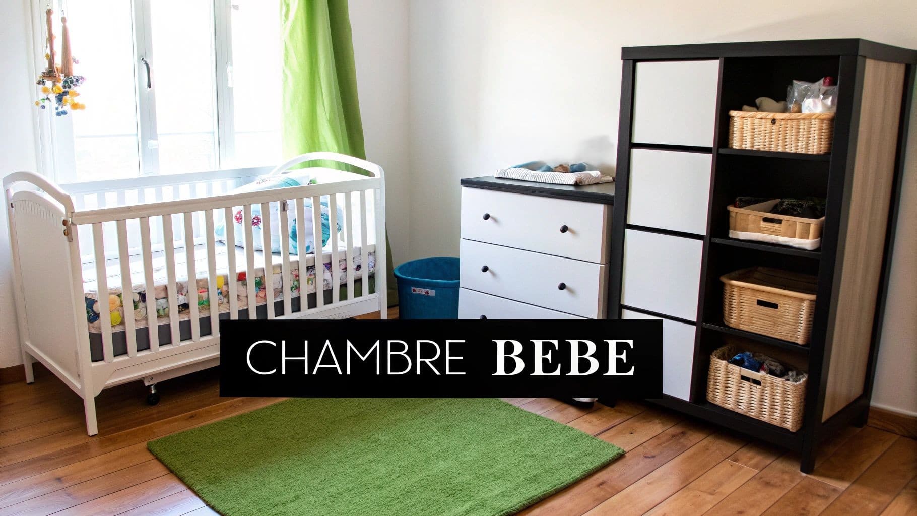 Chambre de bébé lumineuse avec un lit blanc, une commode et une étagère de rangement. Un tapis vert et des rideaux verts complètent la pièce.