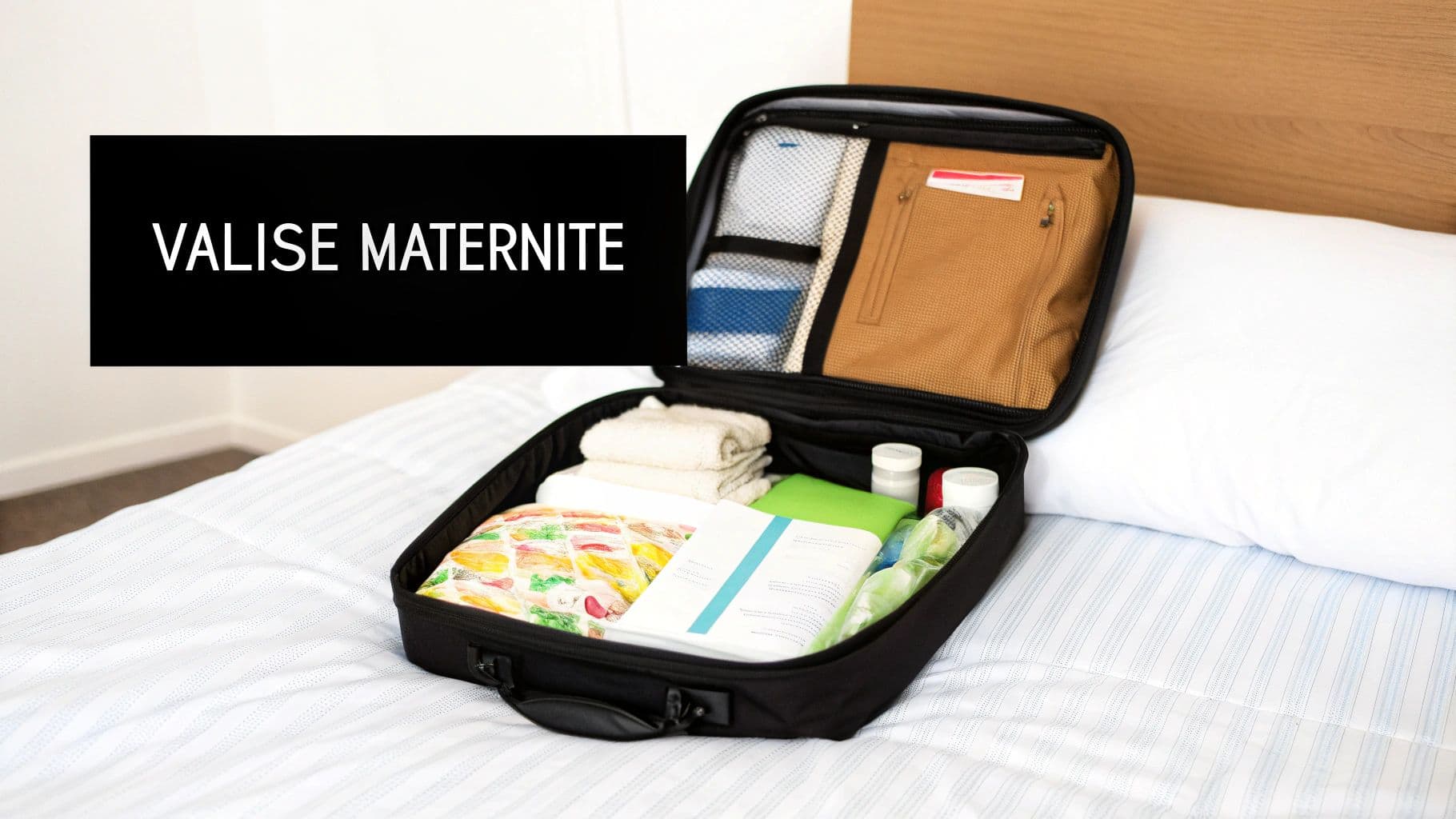Une valise de maternité ouverte, remplie d'essentiels pour la mère et le bébé, posée sur un lit.
