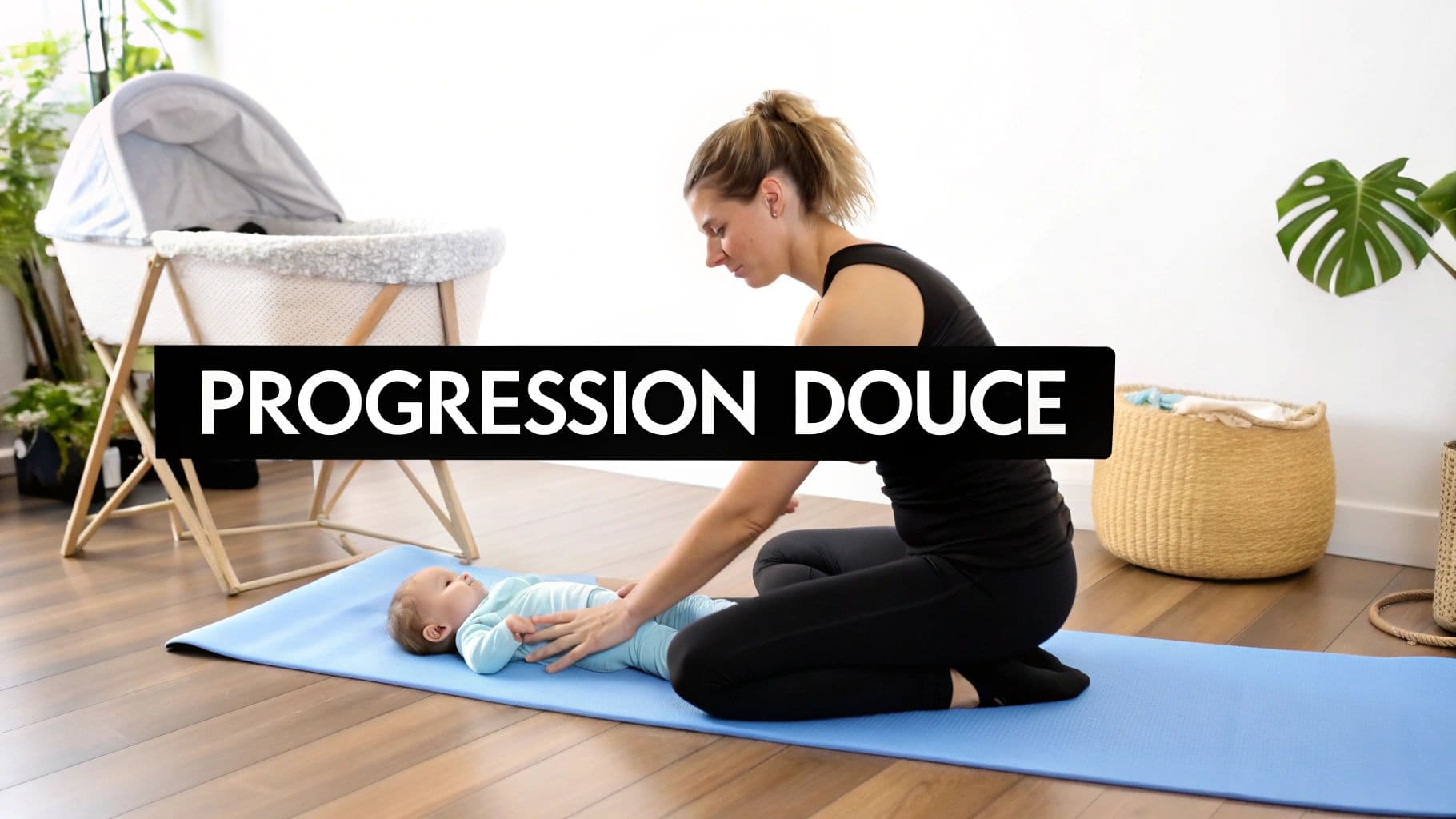 Maman pratiquant du yoga postnatal doux sur un tapis avec son bébé, illustrant la reprise progressive du sport après accouchement avec des exercices adaptés sans impact
