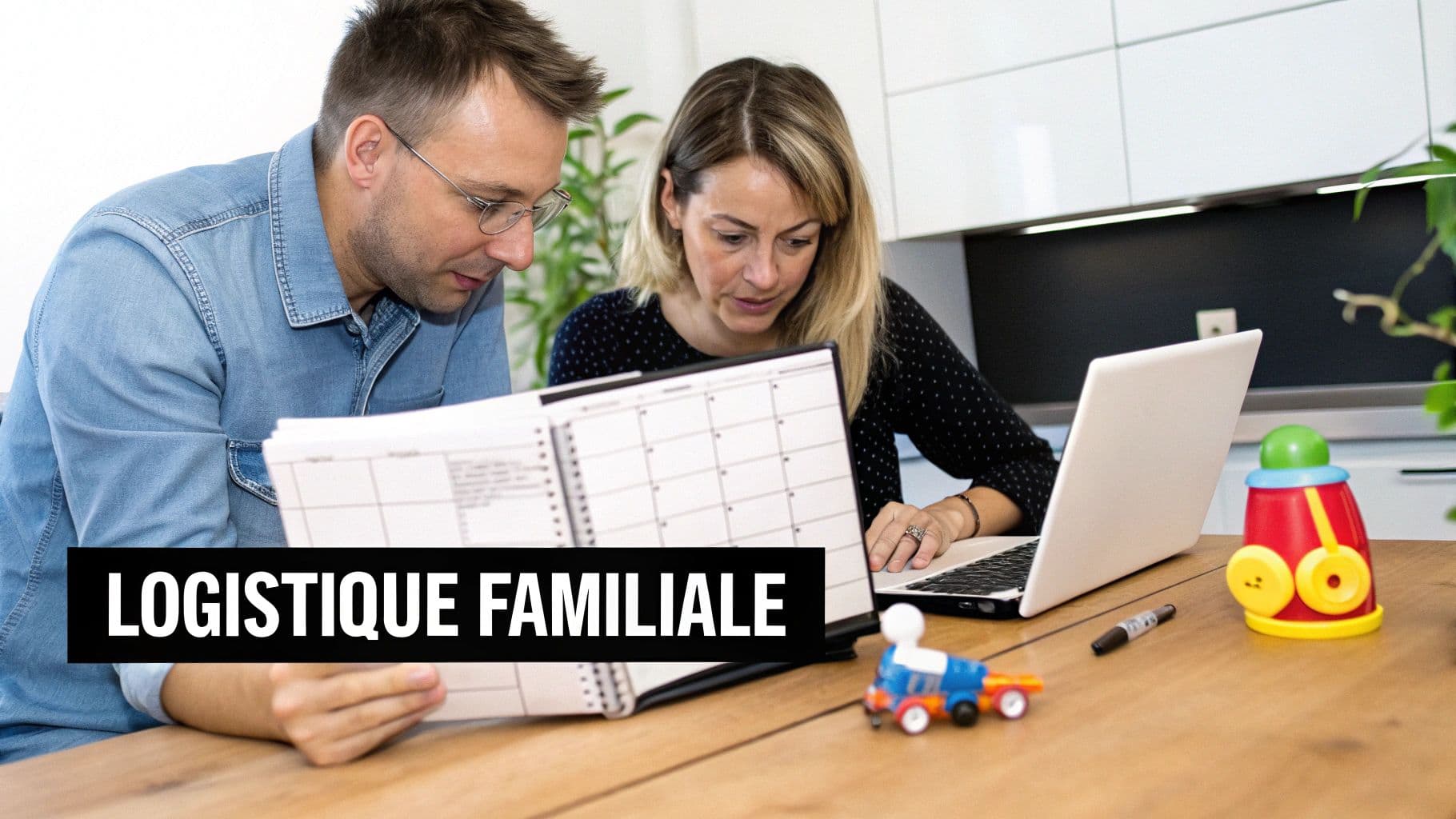 Un couple planifie la logistique familiale avec un agenda et un ordinateur portable.