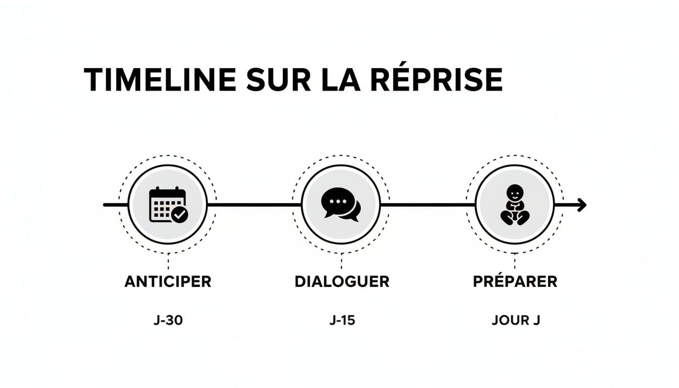 Timeline des 3 piliers d'une reprise réussie : anticiper, dialoguer et préparer la logistique.