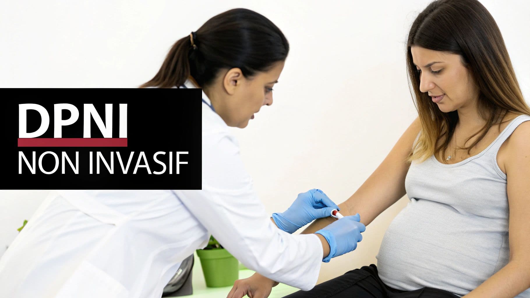 Une infirmière prélève du sang d'une femme enceinte pour un Dépistage Prénatal Non Invasif (DPNI).