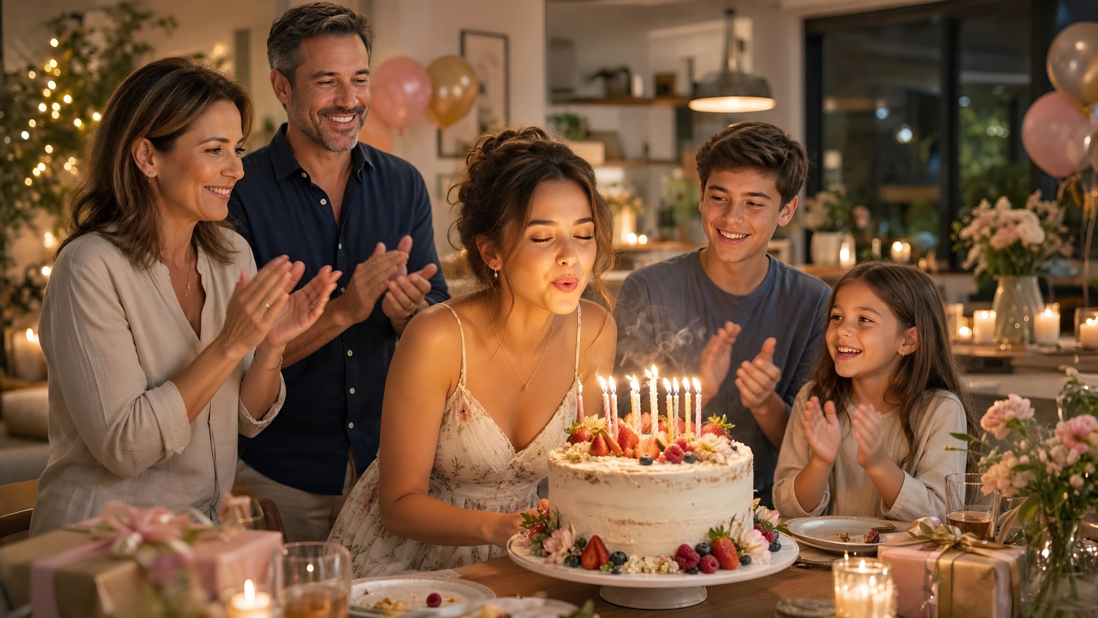 Jeune femme souriante soufflant les bougies d'un gâteau d'anniversaire avec le chiffre 18, entourée de sa famille dans une ambiance festive et chaleureuse.