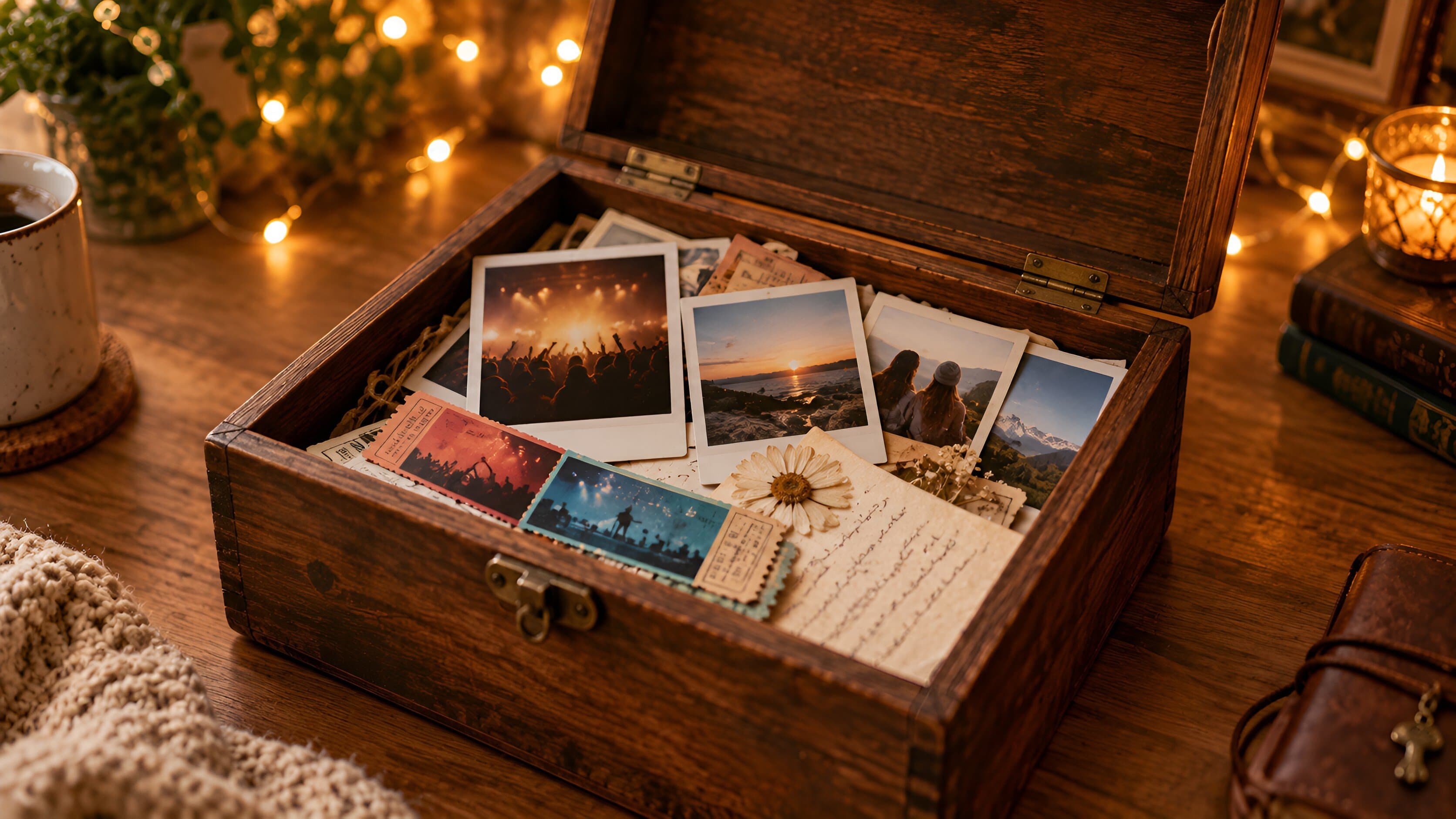 Une boîte à souvenirs en bois contenant de vieilles photos polaroid, des billets de concert et des mots manuscrits, posée sur un bureau en bois.