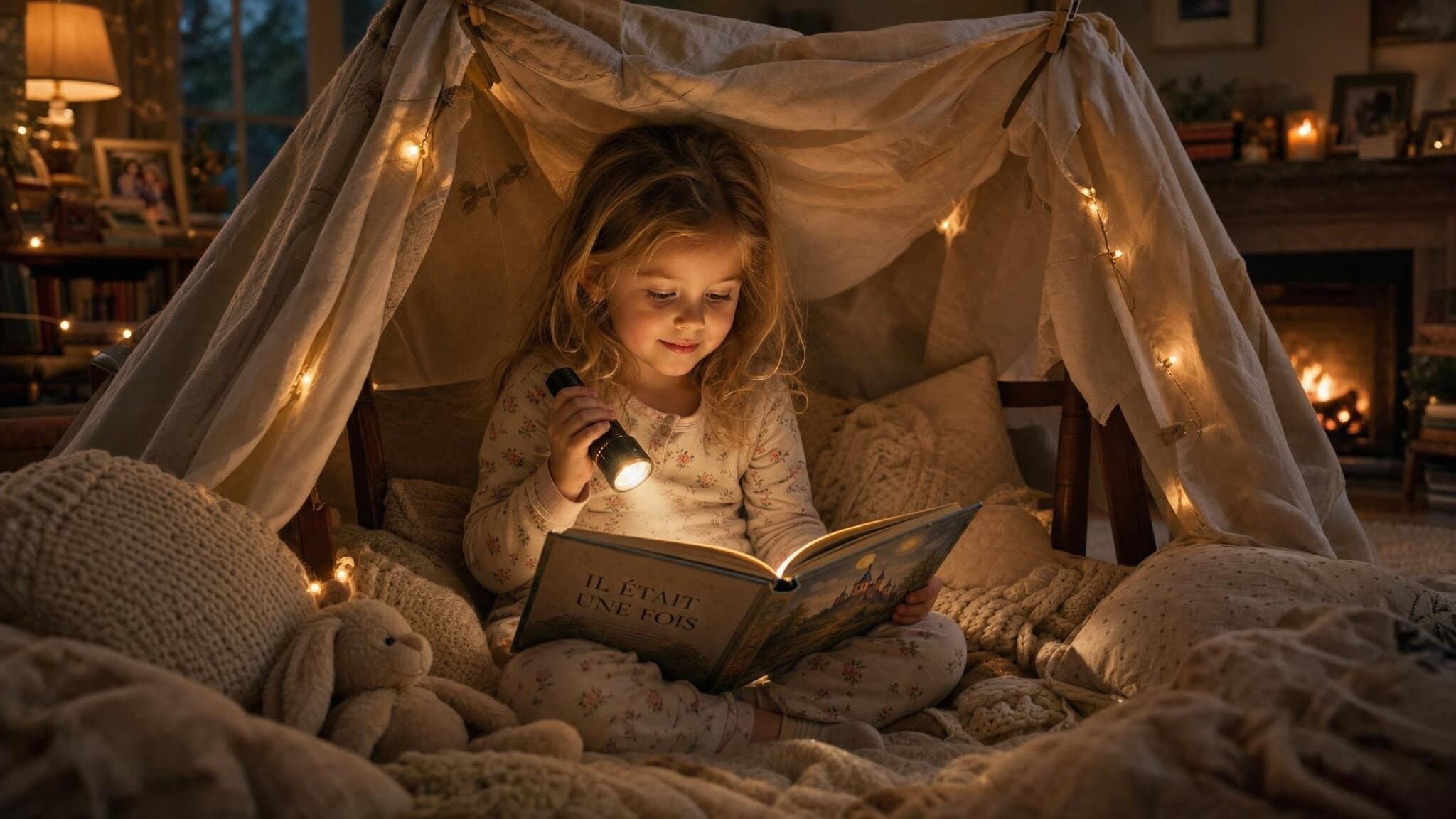 Petite fille lisant un livre avec une lampe de poche à l'intérieur d'une cabane en coussins et draps