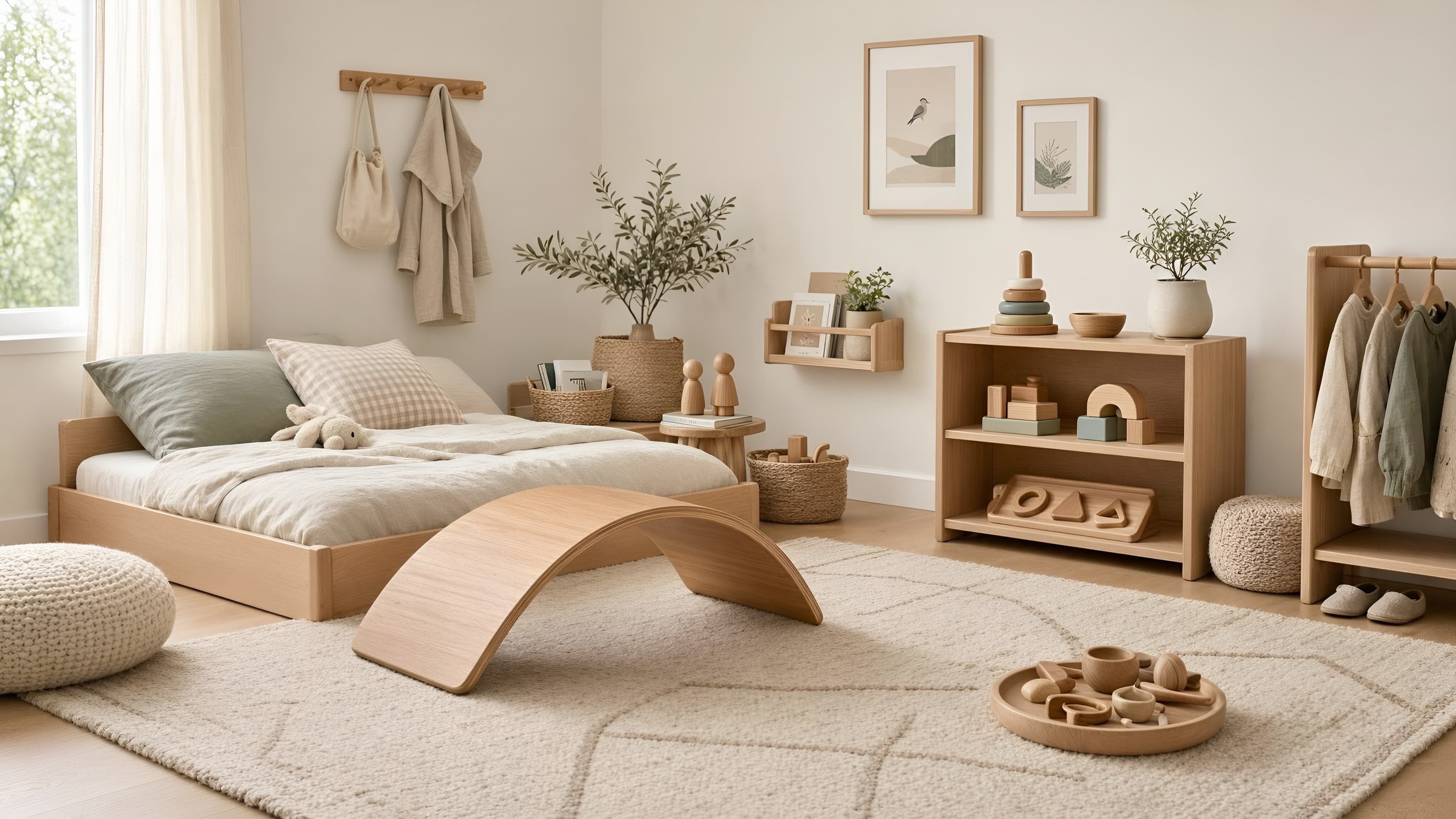 Une chambre d'enfant bien organisée avec peu de jouets exposés sur des étagères basses, favorisant l'accès facile et le jeu autonome.