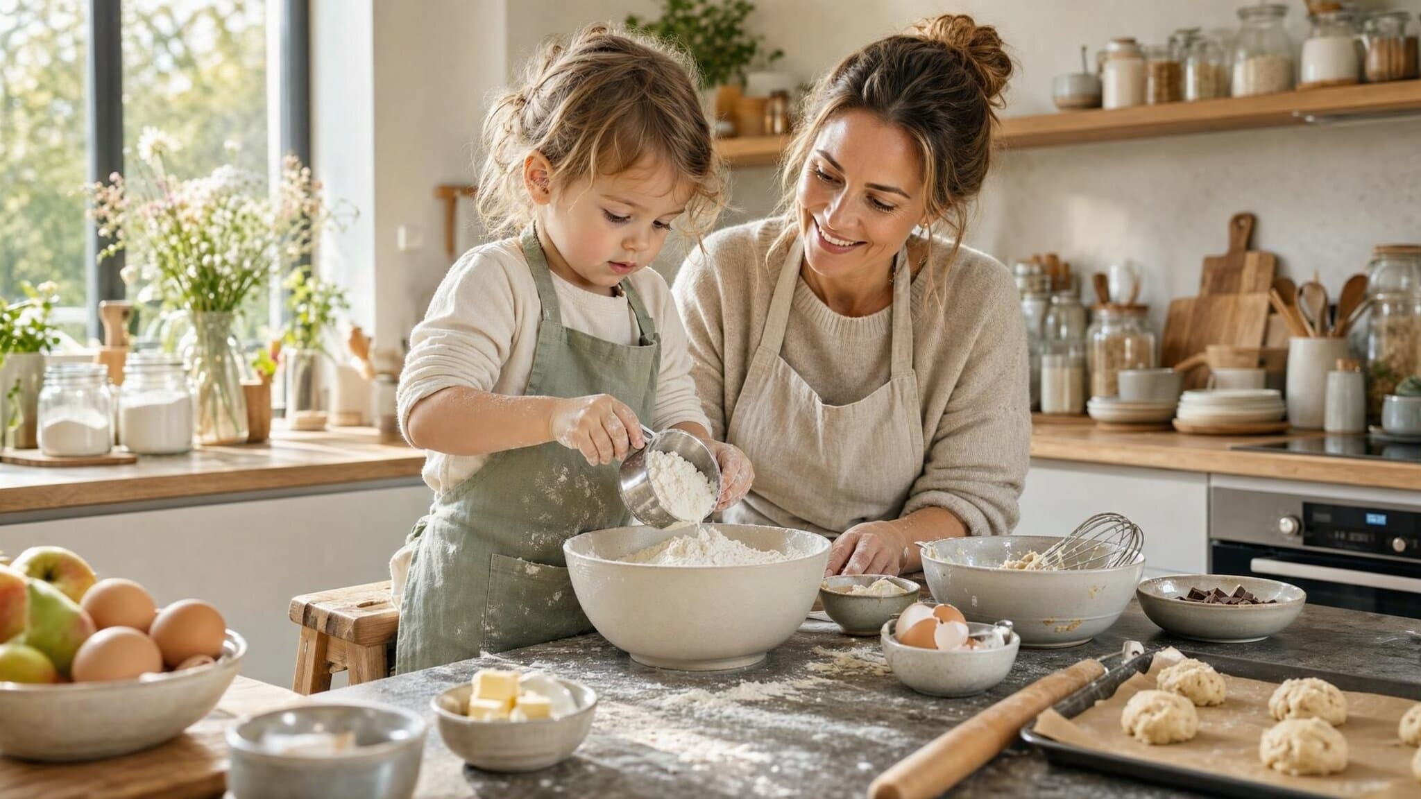 Un jeune enfant concentré mesurant de la farine dans la cuisine avec sa mère
