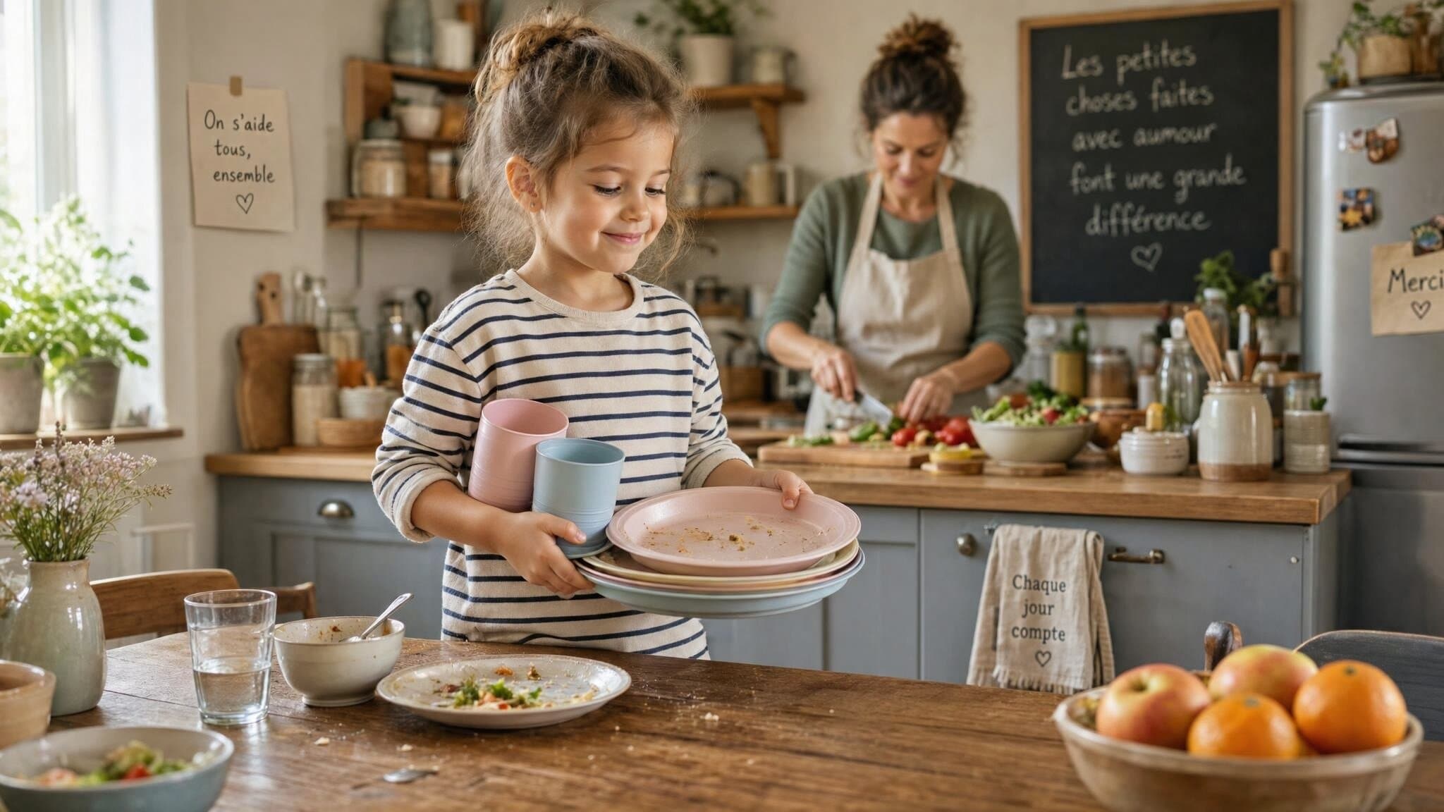 Une fille de 7 ans qui aide à débarrasser et essuyer la table de la cuisine familiale