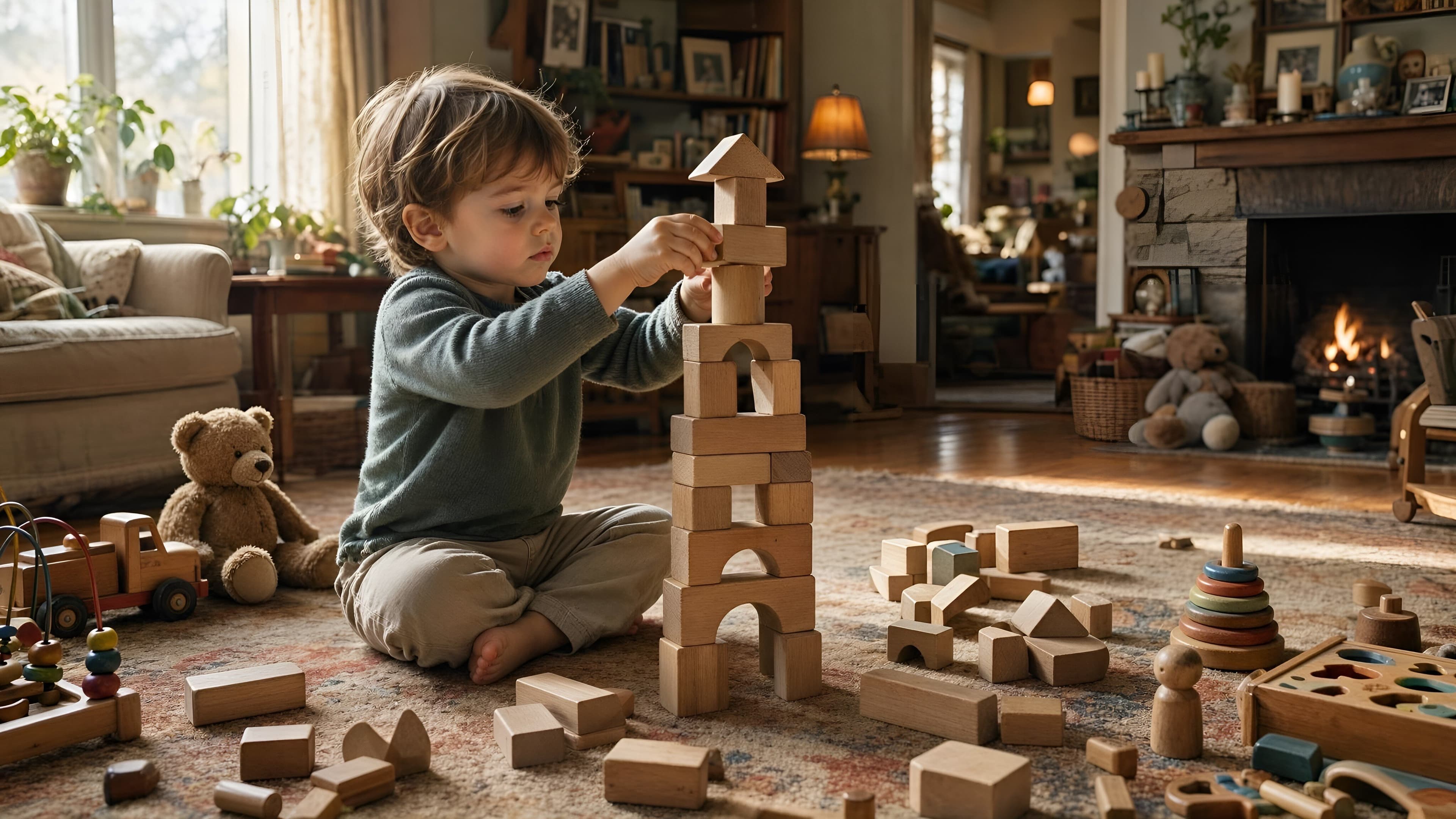 Un enfant absorbé par un jeu de construction en bois naturel dans un salon lumineux