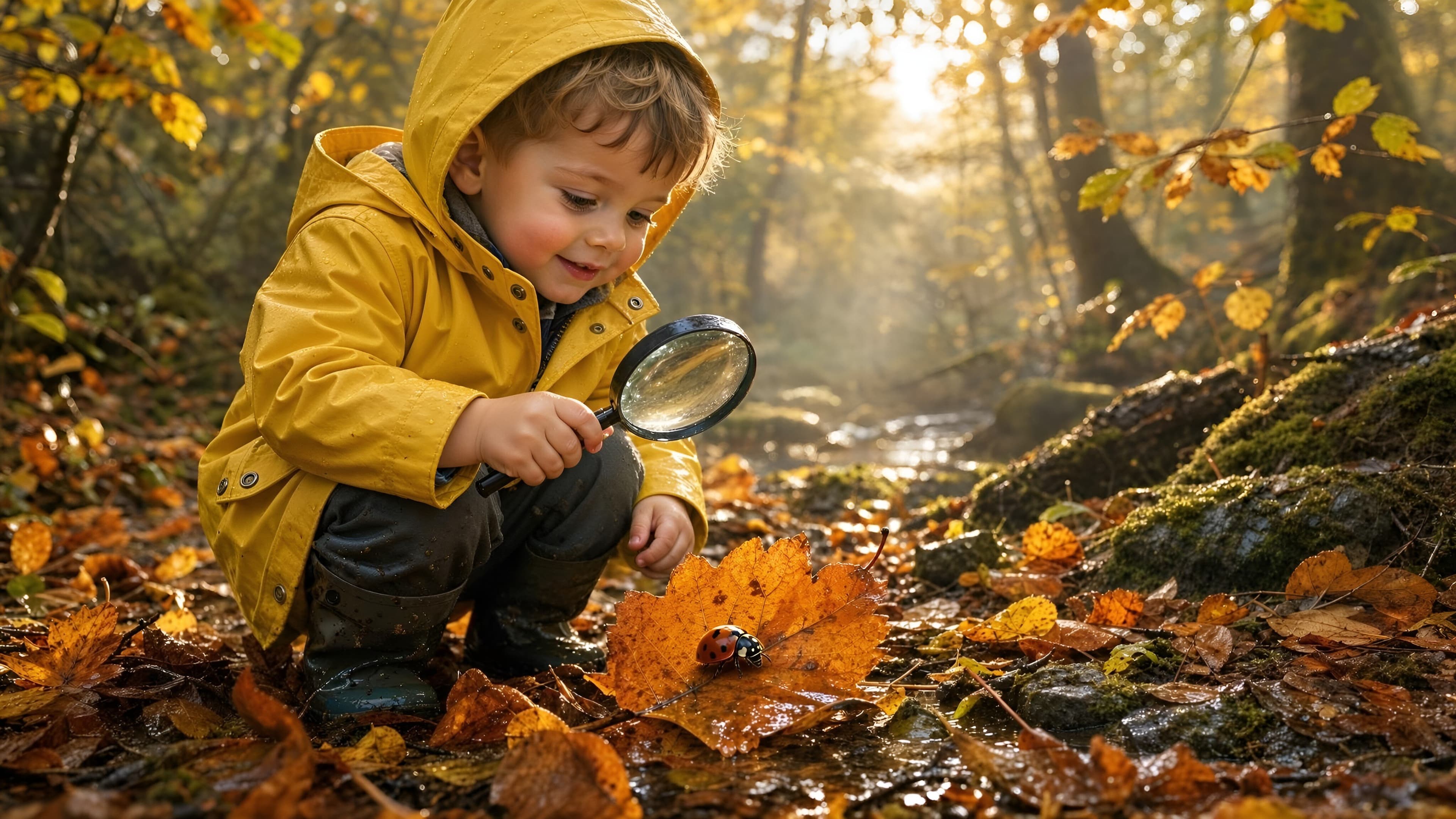 Un petit garçon avec un ciré jaune accroupi dans une forêt d'automne, observant une coccinelle sur une feuille à l'aide d'une loupe.