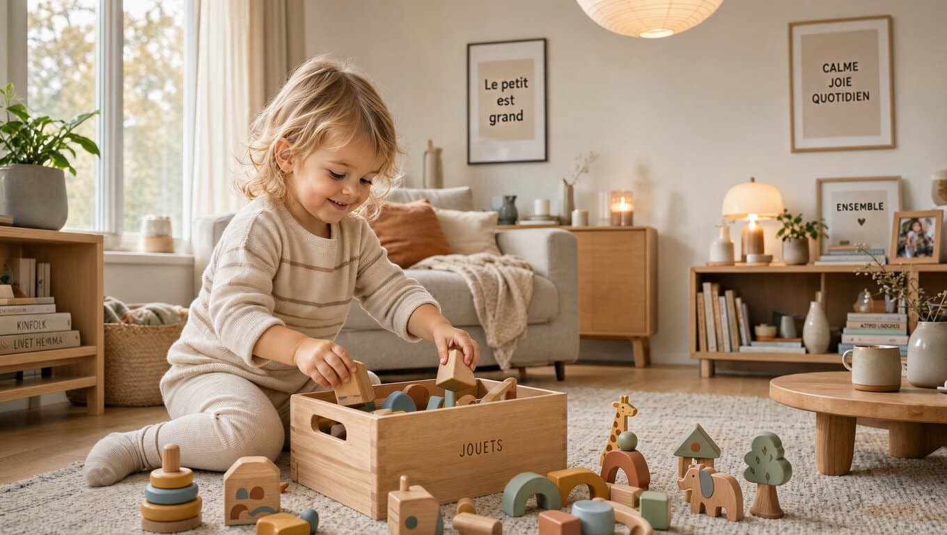 Un jeune enfant qui range ses jouets dans une caisse en bois dans un salon lumineux