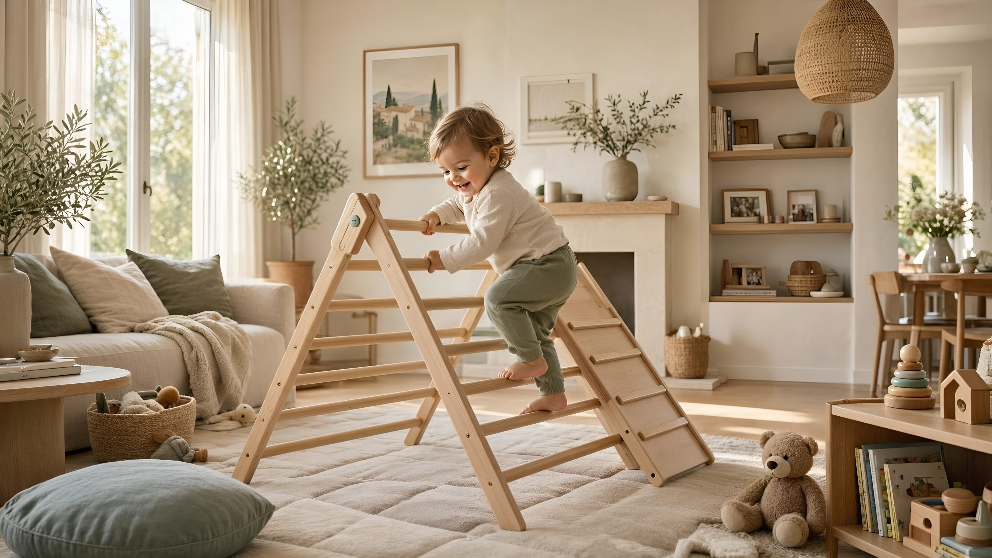 Un jeune enfant souriant en train de grimper sur un triangle de motricité en bois dans un salon lumineux, sans écran autour.