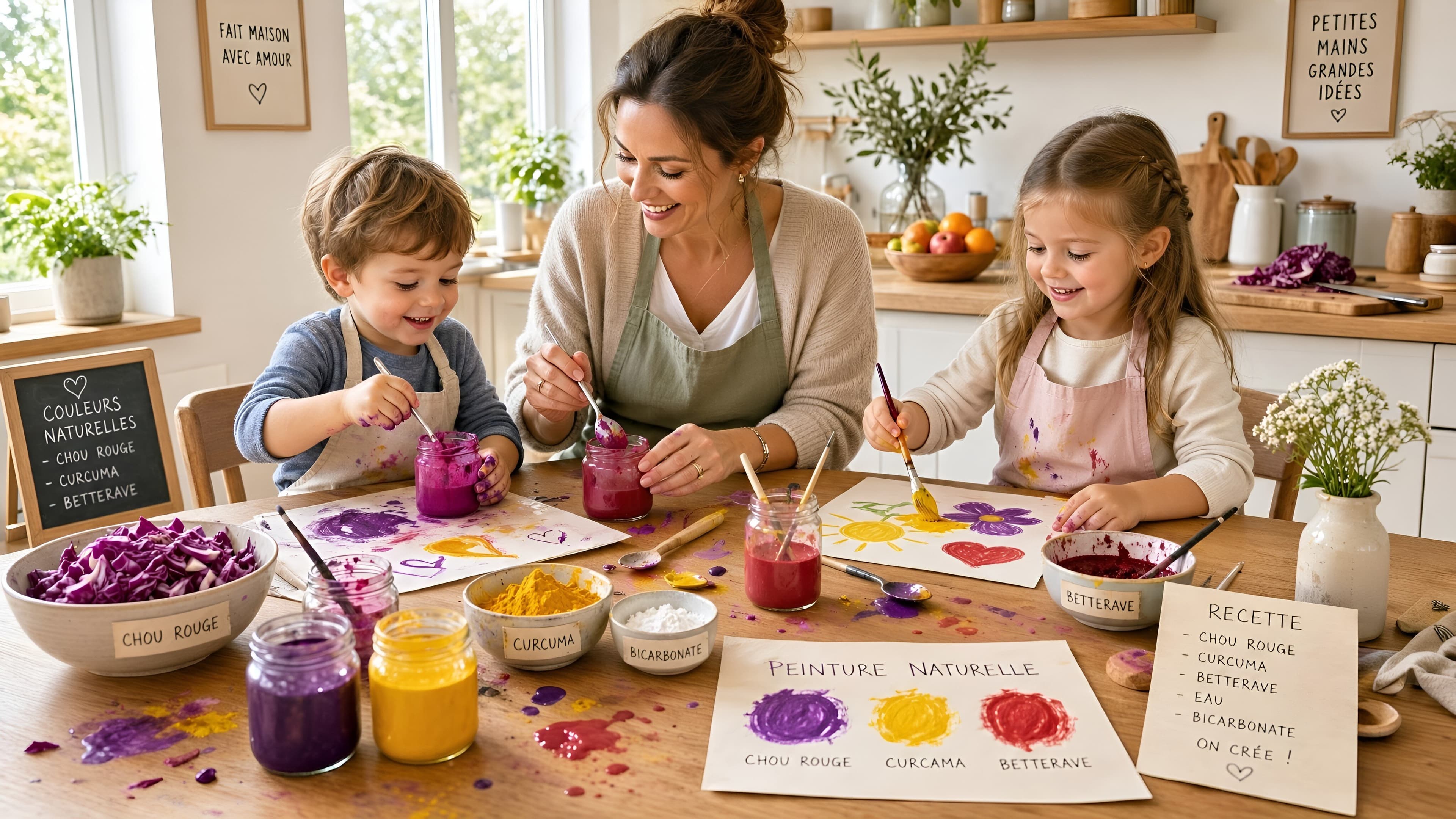 Une cuisine lumineuse avec deux enfants et leur maman en train de fabriquer de la peinture naturelle dans de petits pots en verre, des taches de couleurs sur la table.