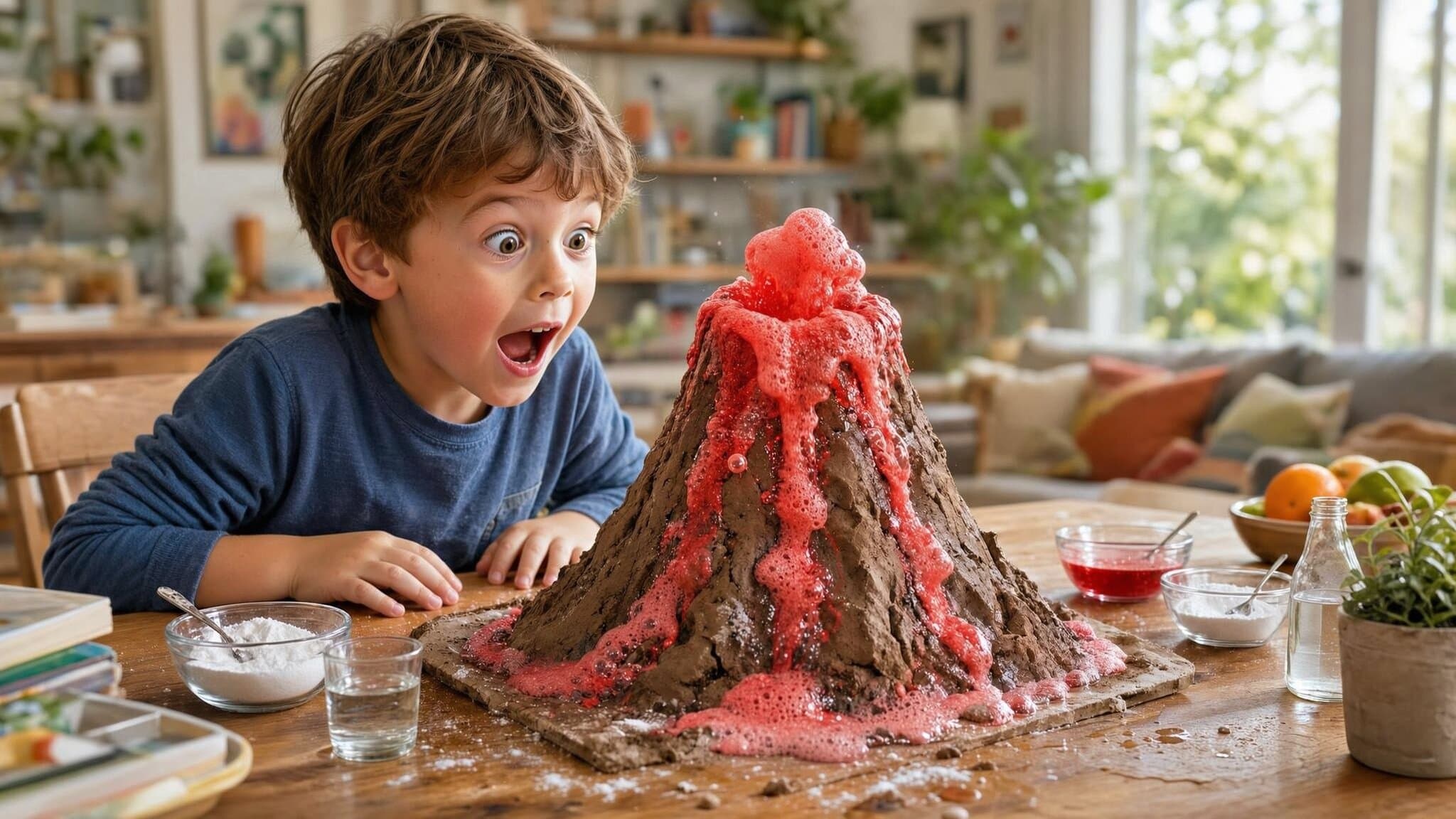 Expérience scientifique amusante : un faux volcan en éruption avec du bicarbonate sur la table du salon