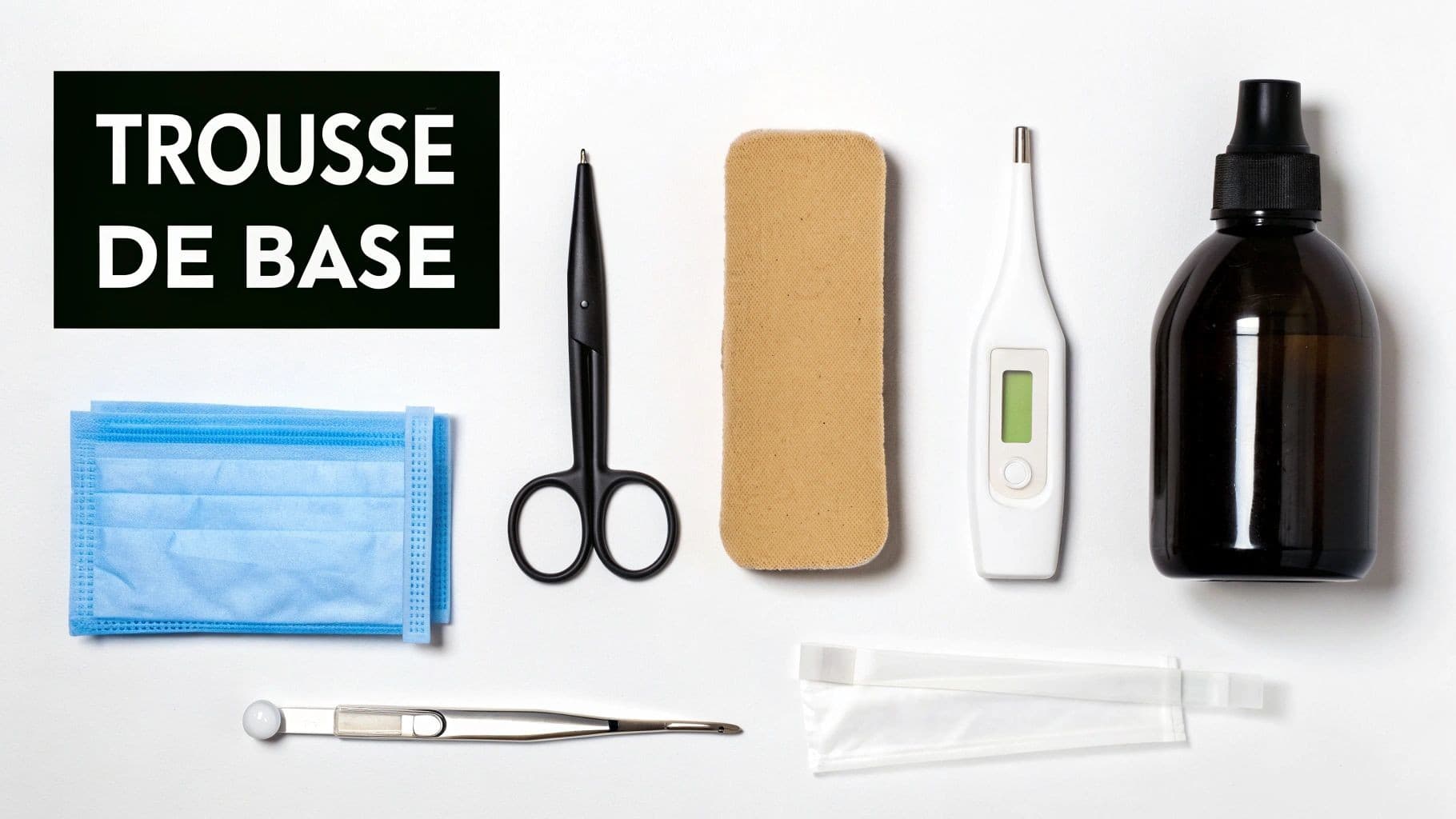 Éléments essentiels d'une trousse de premiers secours, incluant masques, ciseaux, thermomètre et désinfectant, sur fond blanc.