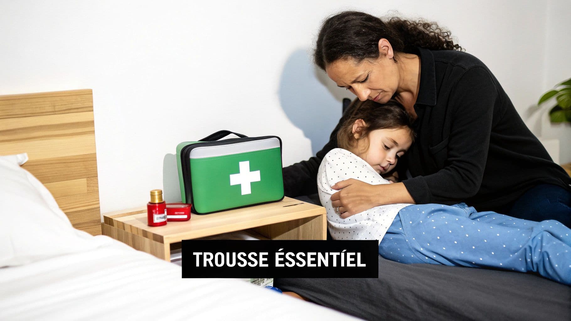 Une mère réconforte son enfant malade dans un lit, avec une trousse de premiers secours sur la table de chevet.