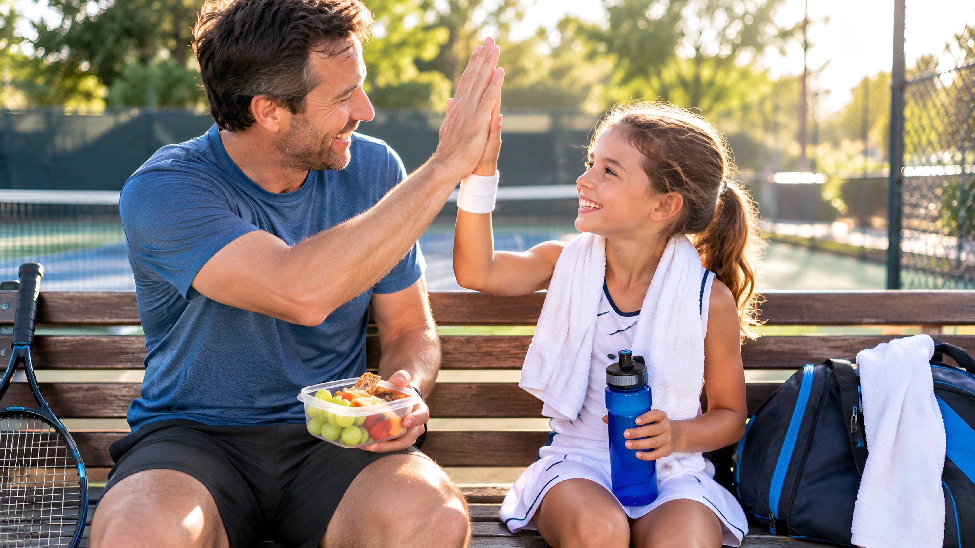 Un père donnant un "high five" à sa fille après un match, assis sur un banc avec un goûter réconfortant