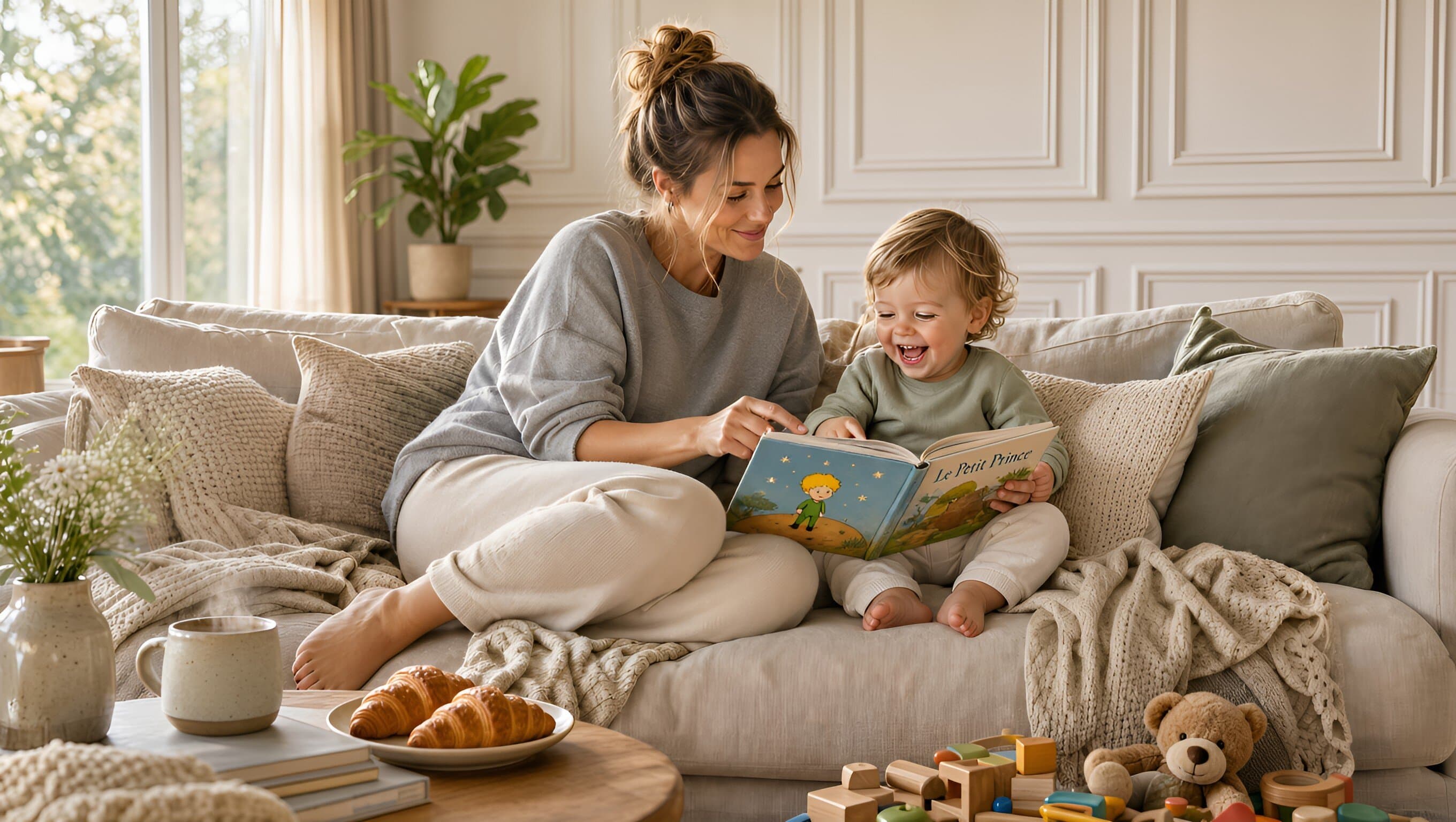 Maman souriante qui lit un livre avec son enfant dans un salon lumineux, ambiance détendue et douce