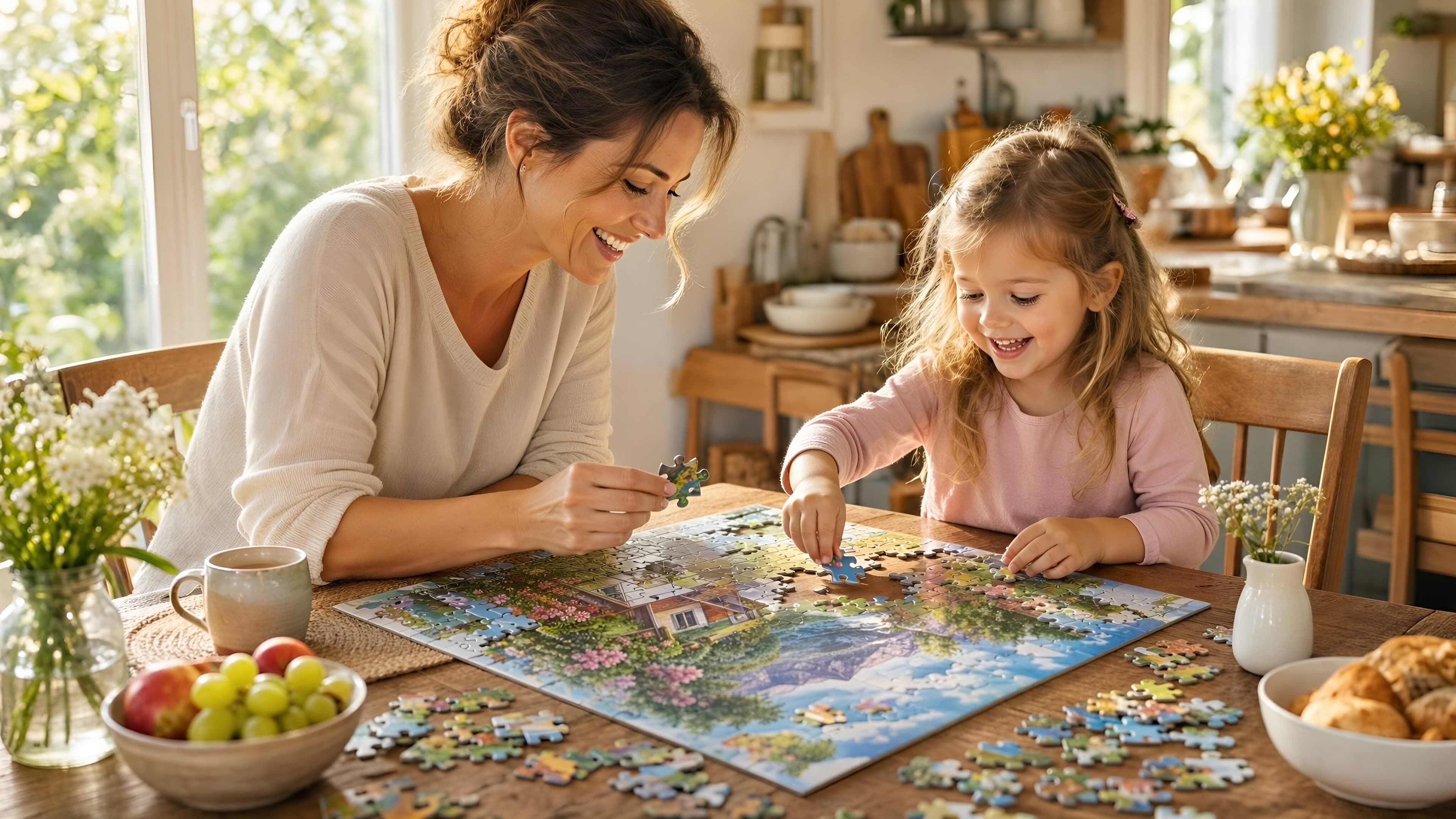 Une maman et son enfant en train de rire tout en faisant un puzzle géant sur la table du salon