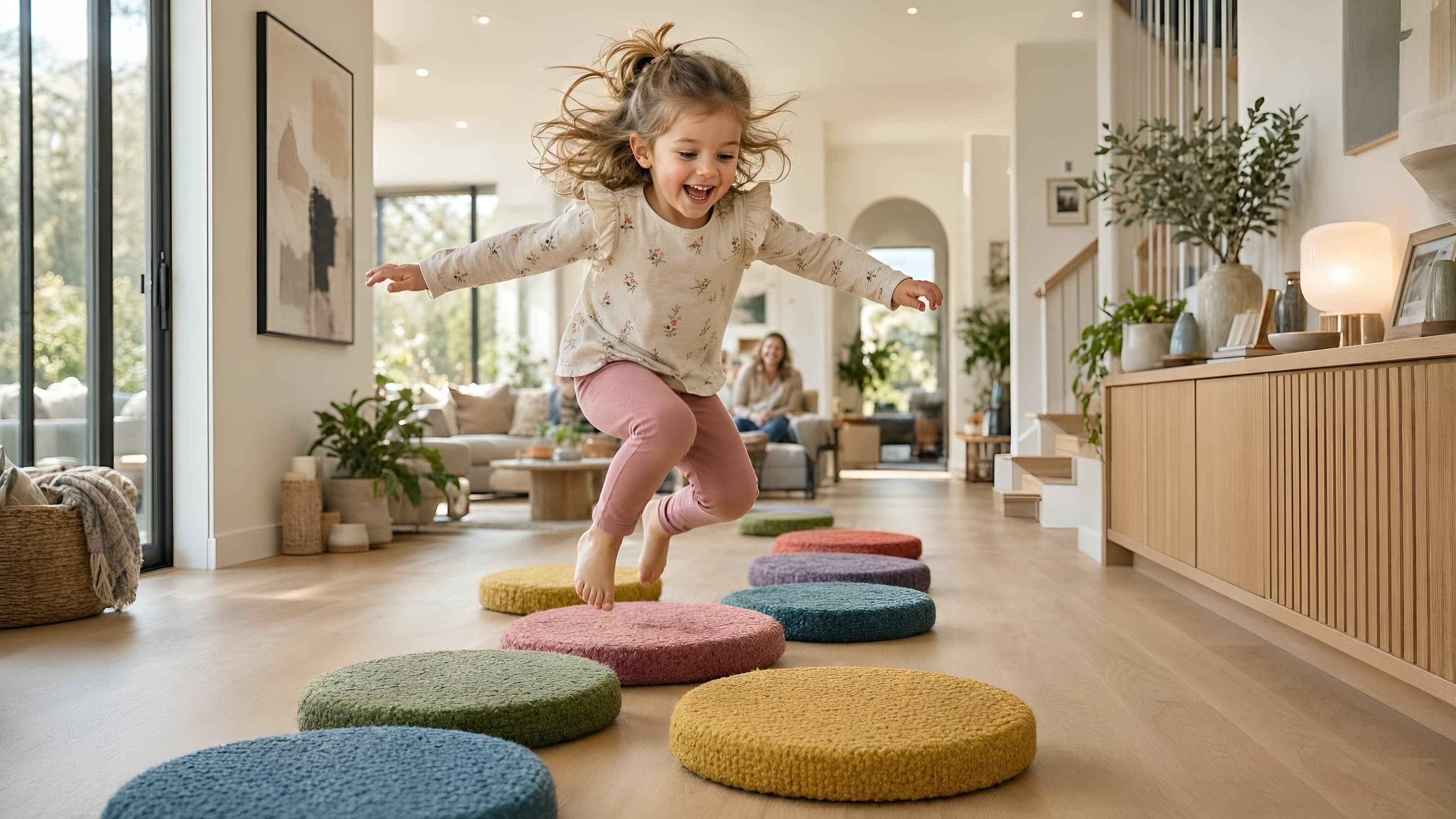 Une petite fille en plein saut entre deux dalles d'équilibre colorées dans un couloir moderne, un grand sourire aux lèvres.