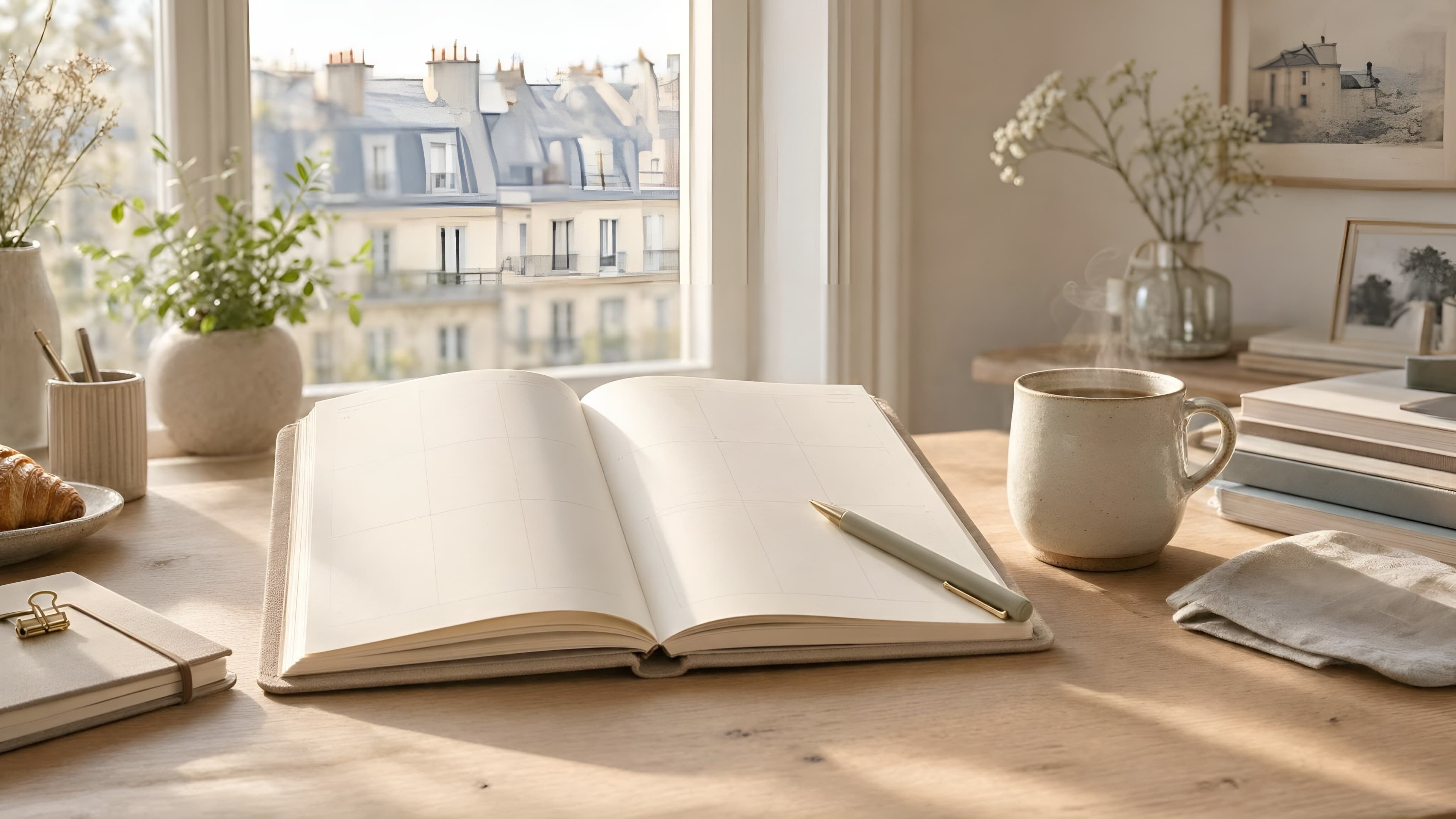 Planificateur familial minimaliste sur une table en bois avec une tasse de thé fumante
